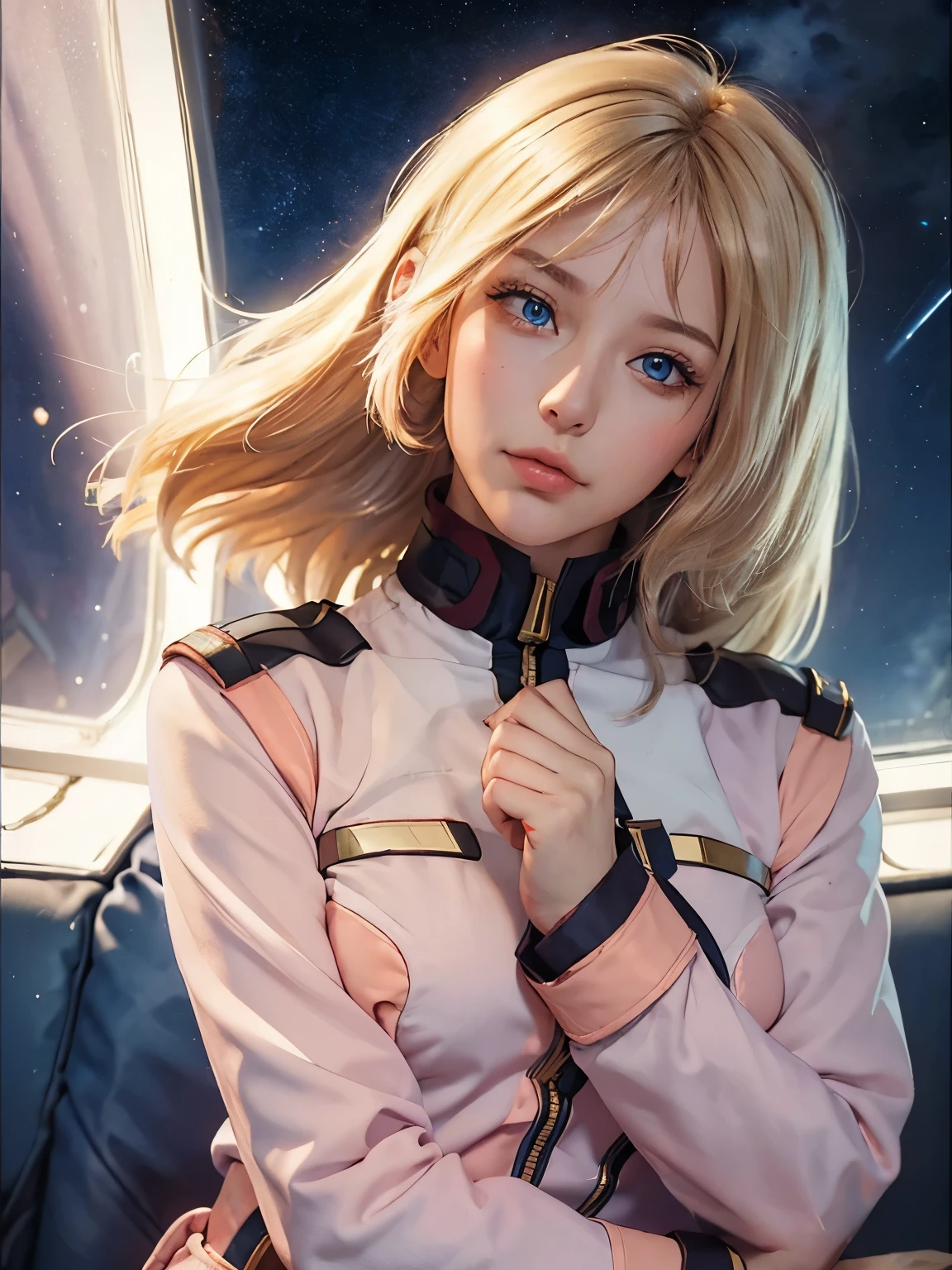 ((masterpiece、top-quality、realisitic、ultra-detailliert、hight resolution、Photorealsitic、foco nítido、photographrealistic、Raw photography、face lights))、High brightness、bustshot、1 female、(kosmos:1.2)、(Dark blue eyes)、blonde hair、Strong gaze、Growing eyes、((Pink Commonwealth Uniforms))、ighly detailed、Raw texture、sayla mass、Detailed hand depiction、no bad hand