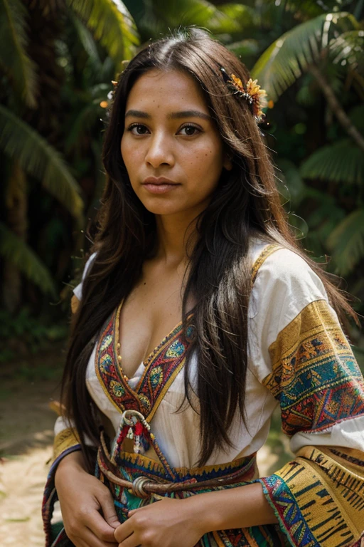 (Indigenous, native South American, Venezuelan girl),(traditional clothing),(colorful patterns),(bright, vibrant colors),(detailed face and eyes),(long, flowing hair),(peaceful expression),(nature background),(artistic painting),(oil paint),(highly-detailed),(professional),(portrait),(rich cultural heritage),(incredible details),(scenic beauty),(sunshine),(soft, warm lighting),(realistic),(beautiful texture),(ethnically diverse),(cultural diversity),(folklore).