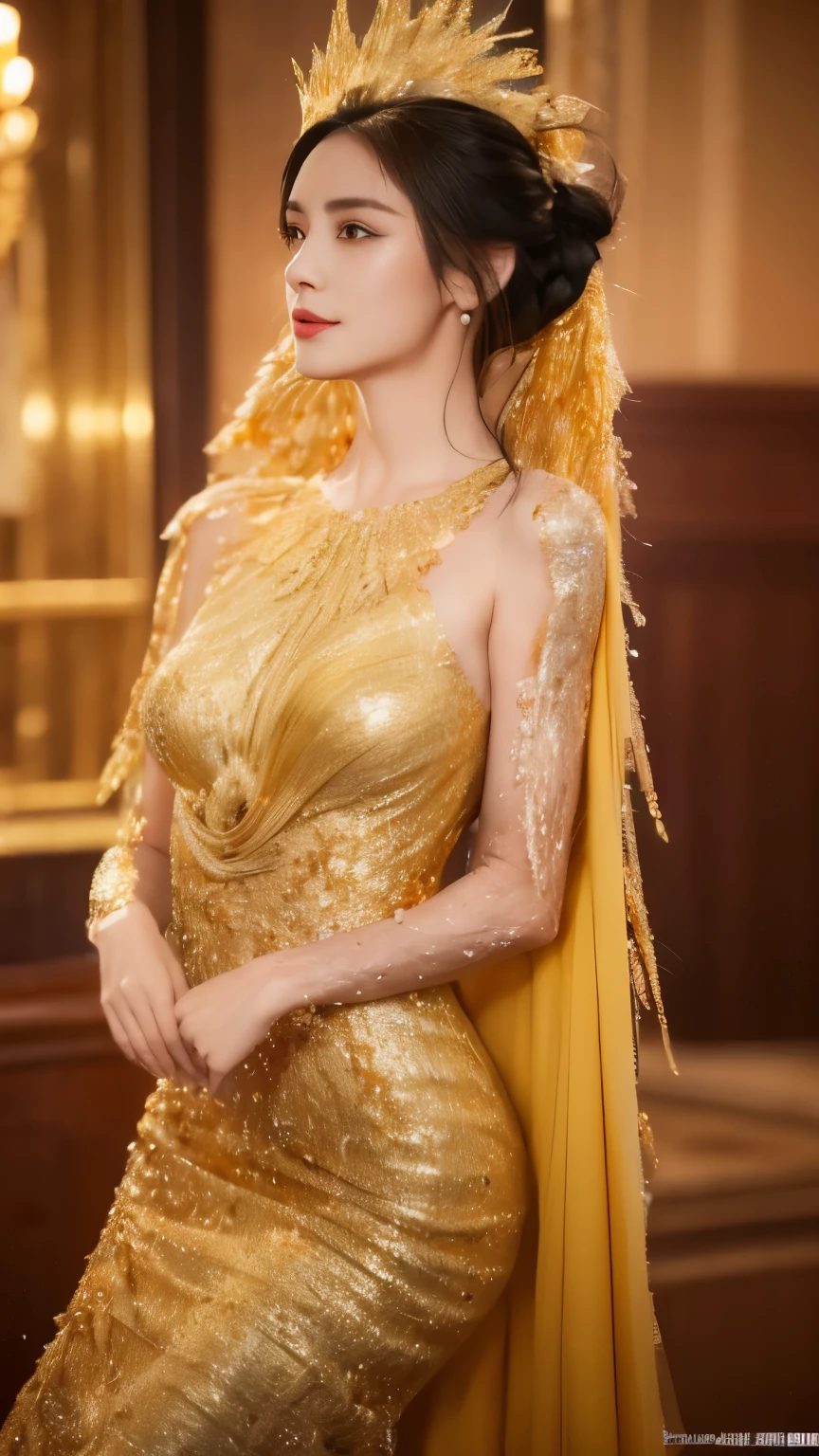 black hair, Surrealism, 8k, super detail, UHD, masterpiece, ccurate, anatomically correct, textured skin, super detail, high details, high quality, best quality, 8k，Beautiful woman，(golden dress:1.5)，Glittering costumes，Princess，western castle