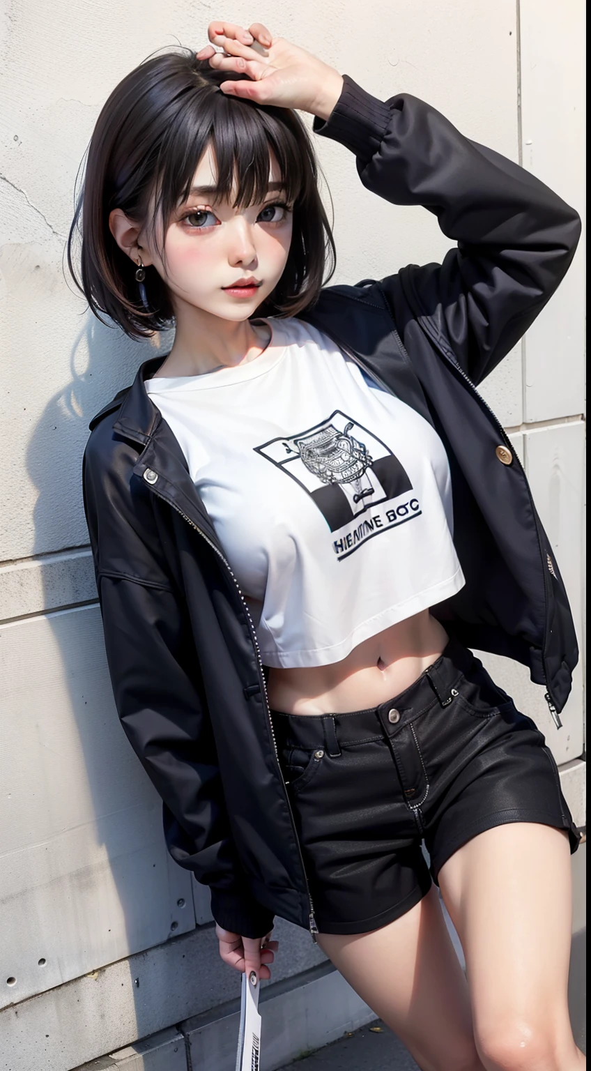 vividness,overview,zentangle,highest quality,girl,unbelievably beautiful,oversize jacket,T-shirt,black shorts,sneakers,anime key visual,masterpiece,striking details,best shadow,Seamless geometric shapes,blank background,Geometric puzzle style,Geometric emoji mix,big breasts、big breasts