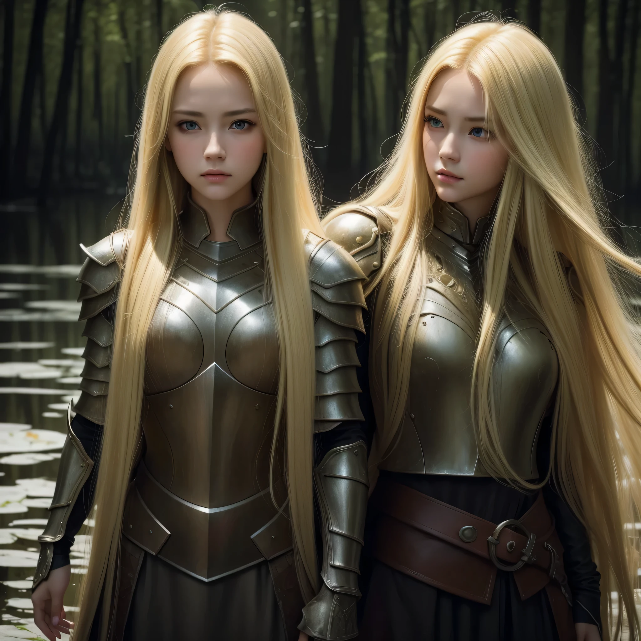 best quality, masterpiece,  (realistic:1.2), 1 girl,standing, ((front face:1.4)),((Blonde long hair)), brown eyes,Front, detailed face, beautiful eyes, wear old armor,No Make Look, （in the darkness nigth：1.6）,The edge of the swamp