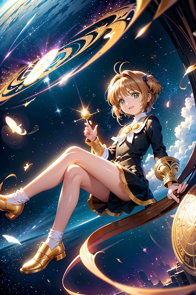 realistic, (masterpiece, excellent quality, highest quality, official art, beautiful and aesthetic: 1.2),(flight:1.4) very detailed, fractal art, colorful, more detailed, (abstract background: 1.5) (1 girl: 1.3), light brown hair, bright eyes, Hilarious, Hairstyle back, short hair, , milky way, Giant magic golden Sagittarius astrolabe, dream, fantasy, Golden trim, beautiful and detailed sky, Style and decoration, Female-only room, (Sakura Cardcaptor)