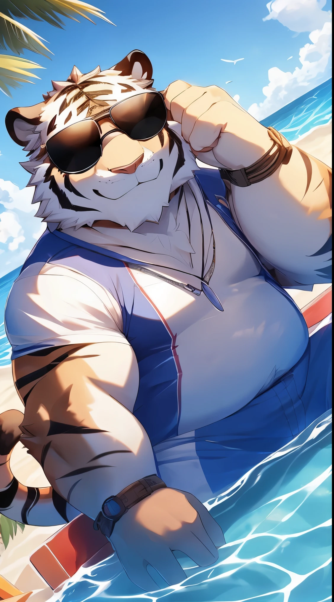 Anthropomorphic white tiger,male,,thick eyebrows,Black stripes,hairy body,Chubby body,(Sunglasses hanging on the head without covering the eyes),Wear a white vest,barefoot,white shorts,Sitting by the pool,beach,Smile,looking towards the viewer,Lovely,alone,side angle,close up,(Different pupils:1.2),Normal hands,Perfect details,masterpiece,HD,8k,Clear eyes,Wear a white swimsuit