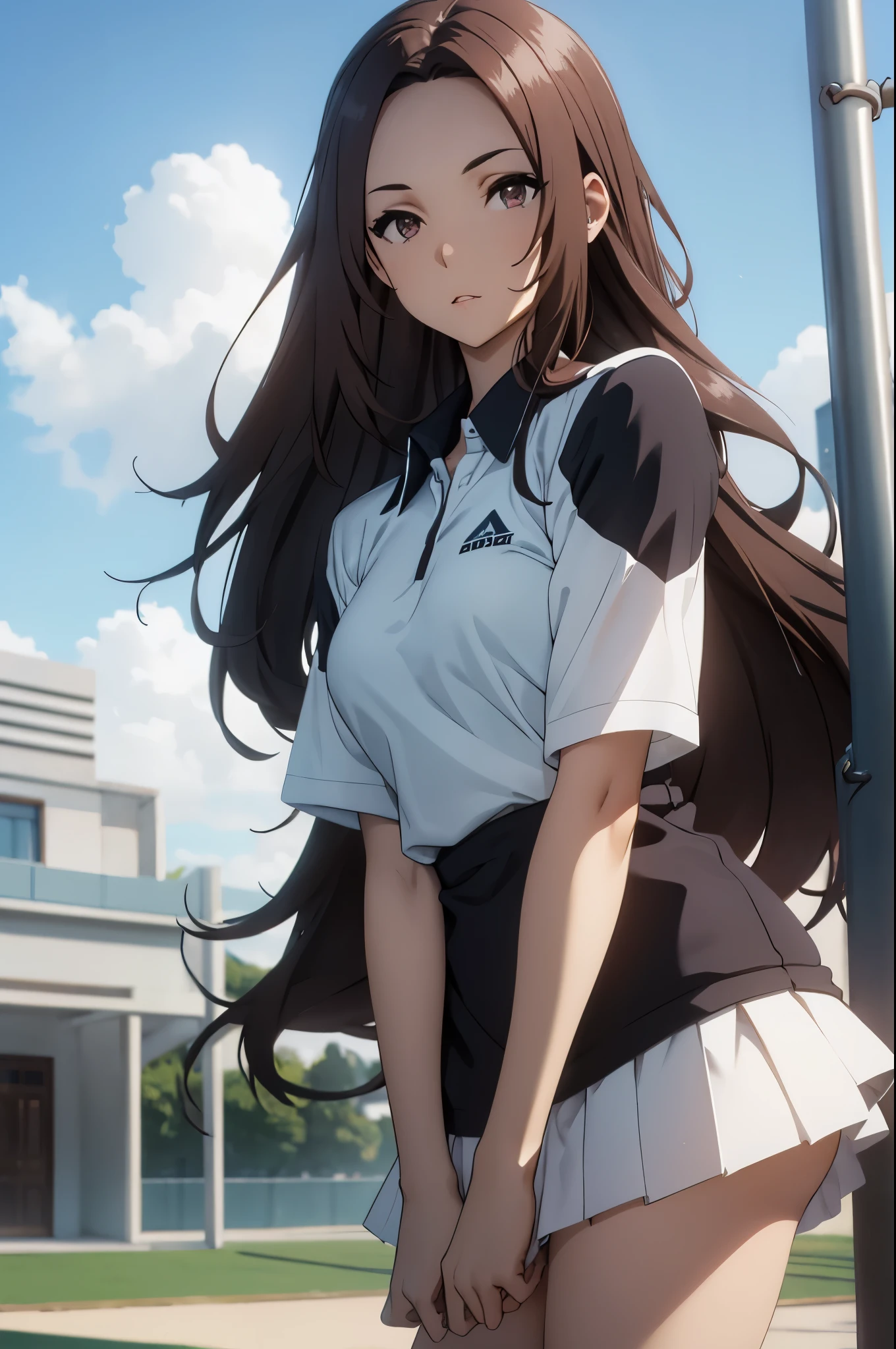 brown hair, brown eyes, long hair, looking at viewer, solo,forehead1girl, solo, white polo shirt, white sneakers, tennis wear, white miniskirt, masterpiece, best quality, realistic, hyper-detailed, (shiny skin, sweaty:1.2), absurd, looking at viewer, short red hair, red eyes, slender, dynamic lighting, high resolution, sharp focus, depth of field, detailed eyes, sharp pupils, realistic pupils, , (thick thighs:1.0), outdoor, sky
