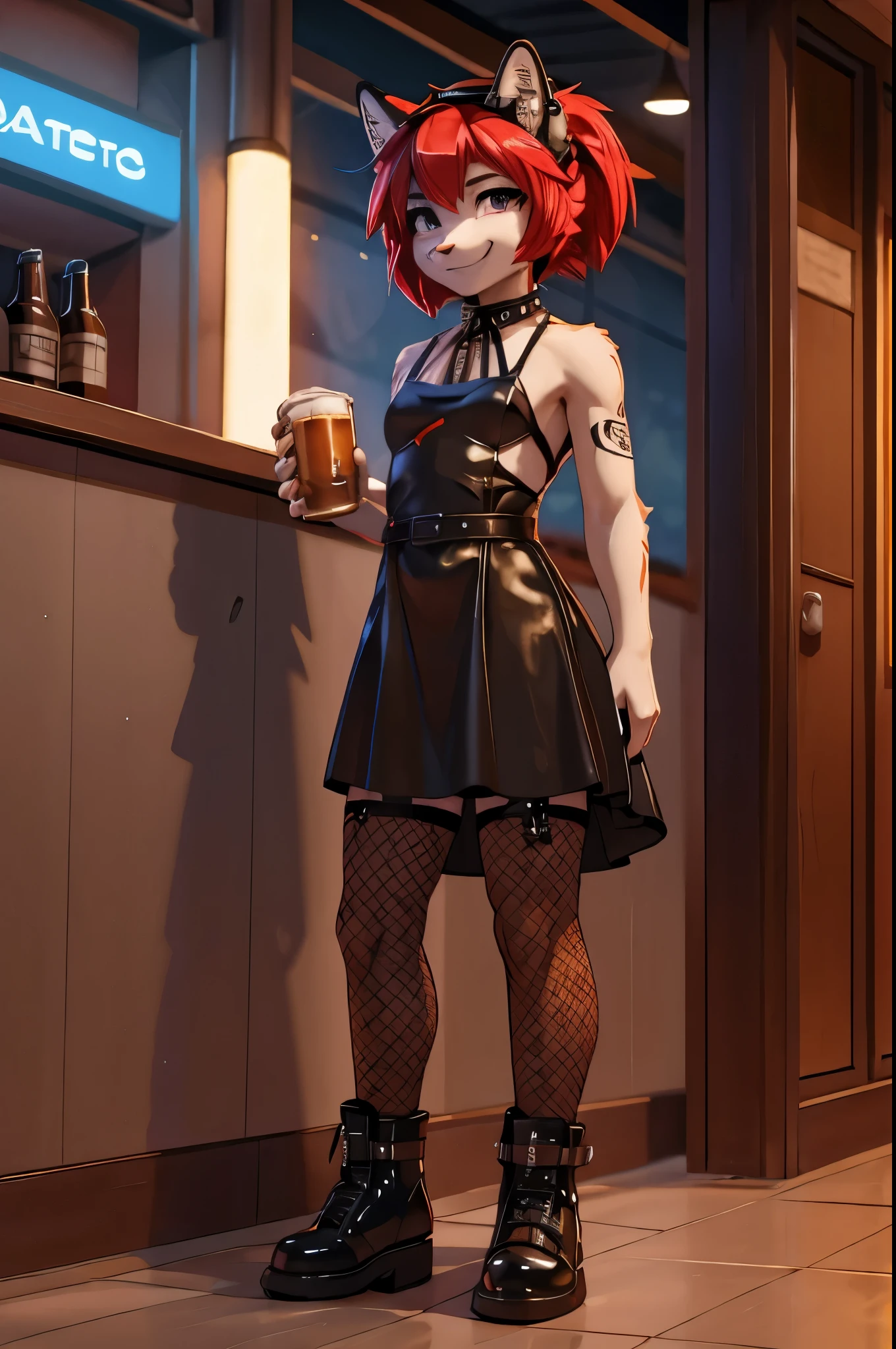 young girl, red hair, 18 years old, small breasts, small biotype, bob hair, tattoed arms, black tattos, piercings in face, , black dress, black letter dress, short dress, punk dress, wearing fishnet stockings, black boots, smiling, in a ballad, looking at viewer, holding beer cup, 4k, masterpiece