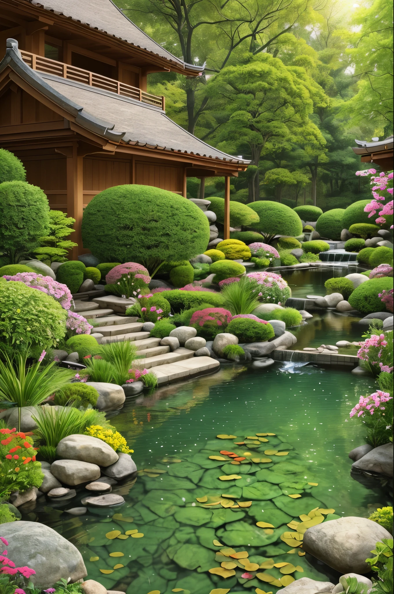 japanese dwarf pine, (ikebana:1.1), japanese pond and garden on background, by charlotte grimm, japanese garden, sci-fi, cyberpunk, intricate, highly detailed, digital painting, artstation, illustration, art by artgerm and alphonse mucha, vibrant volumetric lighting