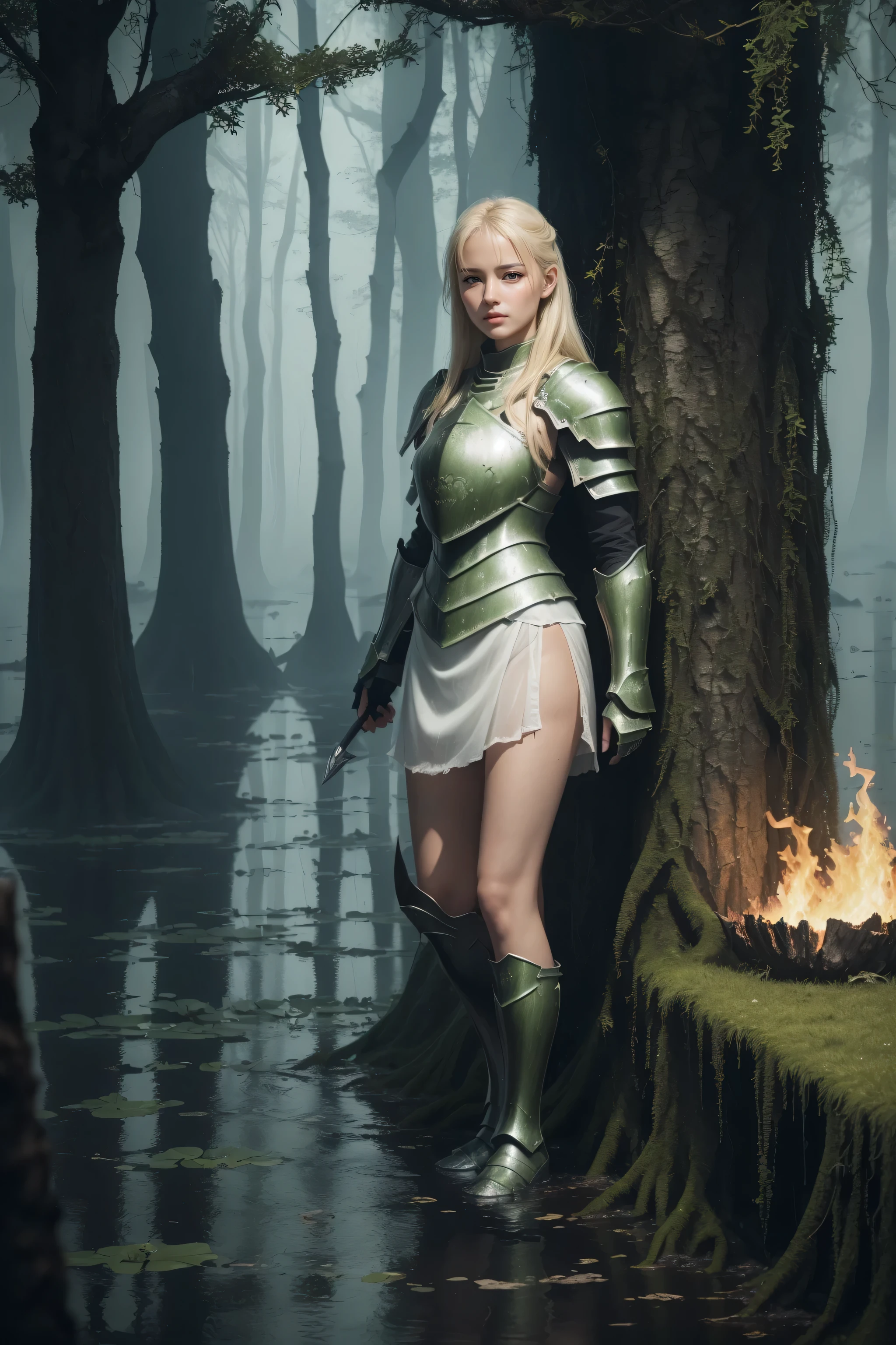best quality, masterpiece,  (realistic:1.2), 1 girl, solo, standing, (full body shot:1.5),(front face:1.4), Blonde hair, brown eyes,Front, detailed face, beautiful eyes, (wear white thin knight armor),No Make Look, (in the darkness nigth：1.6), (The edge of the swamp:1.2), Break (some fire arround:1.2, fogs:1.2)