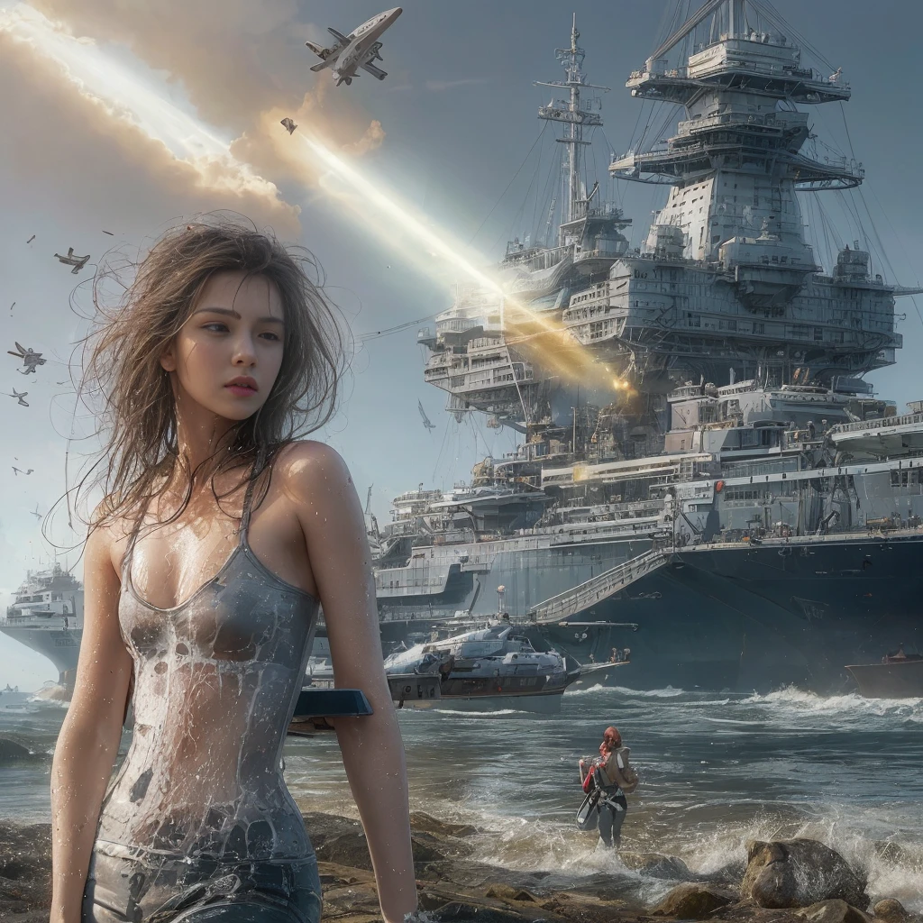 Ultra realistic 16K CG, masterpiece, Best Composition, Photo quality, work of art, Against the backdrop of an imperial star cruiser taking off, Detailed Imperial Star Super Dreadnought , side view, high detail, Lots of elements, flying transports, flying cargo ships, cranes, Manipulators. Sun rays, on the sides there are many detailed artillery batteries, radar emitters, space communications antennas, The Distant Future, naked girl stands on the shore of a cliff, body is dripping wet, Detailed vagina, Face detailing, detailed chest, water drops, transparent tank tops, wet T-shirt