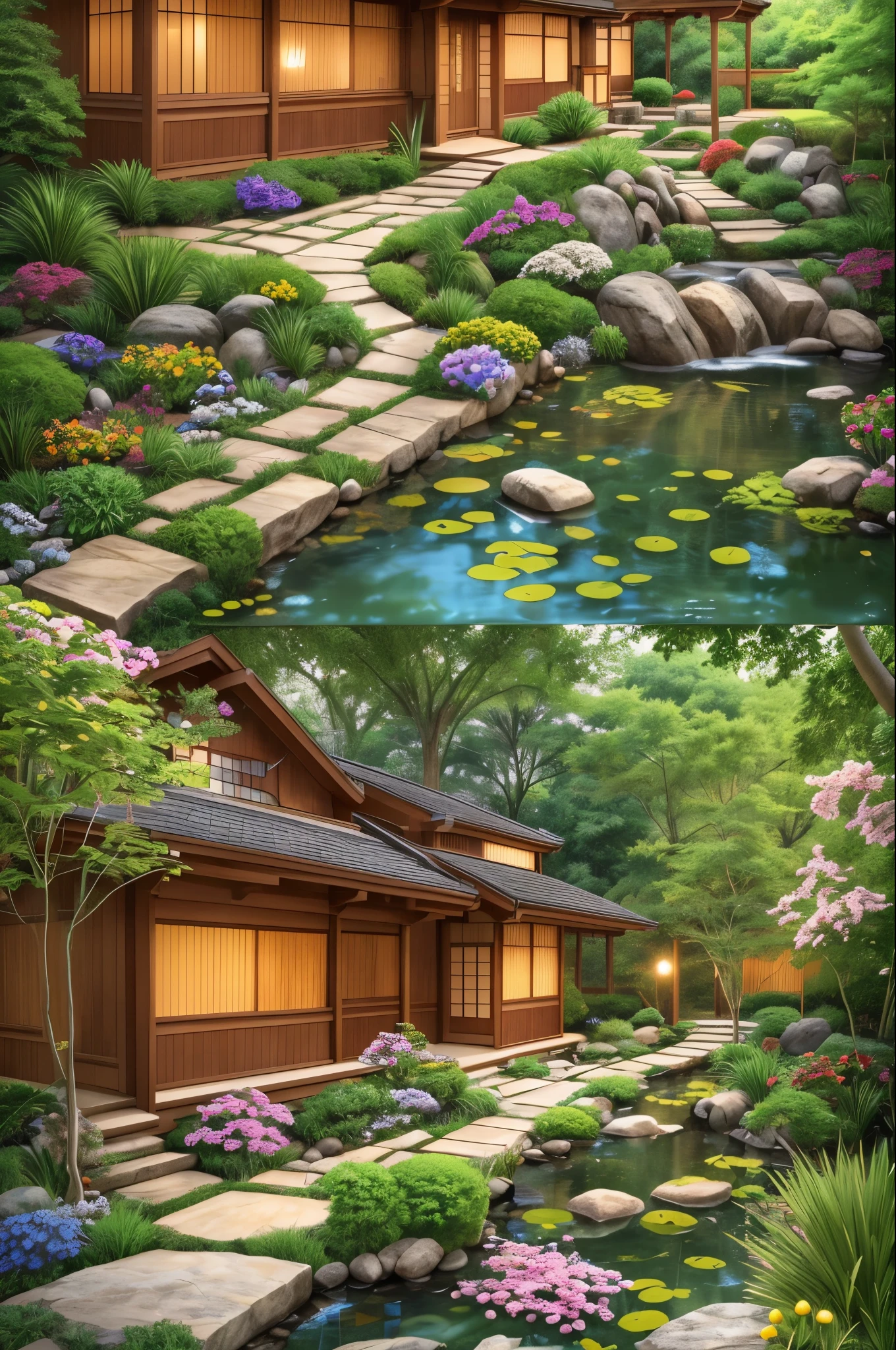 japanese dwarf pine, (ikebana:1.1), japanese pond and garden on background, by charlotte grimm, japanese garden, sci-fi, cyberpunk, intricate, highly detailed, digital painting, artstation, illustration, art by artgerm and alphonse mucha, vibrant volumetric lighting
