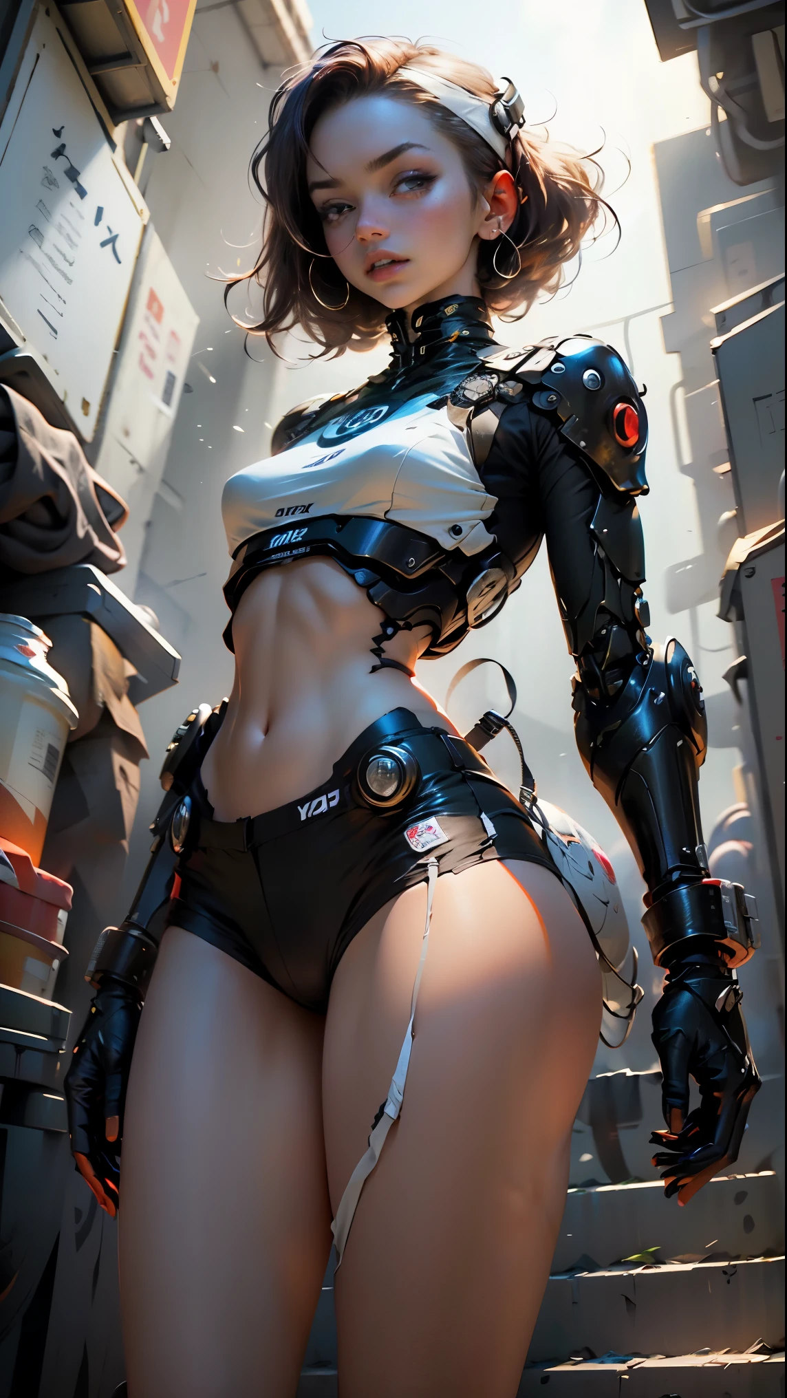 Woman body defined thick thighs cybernetic body parts, short underwear