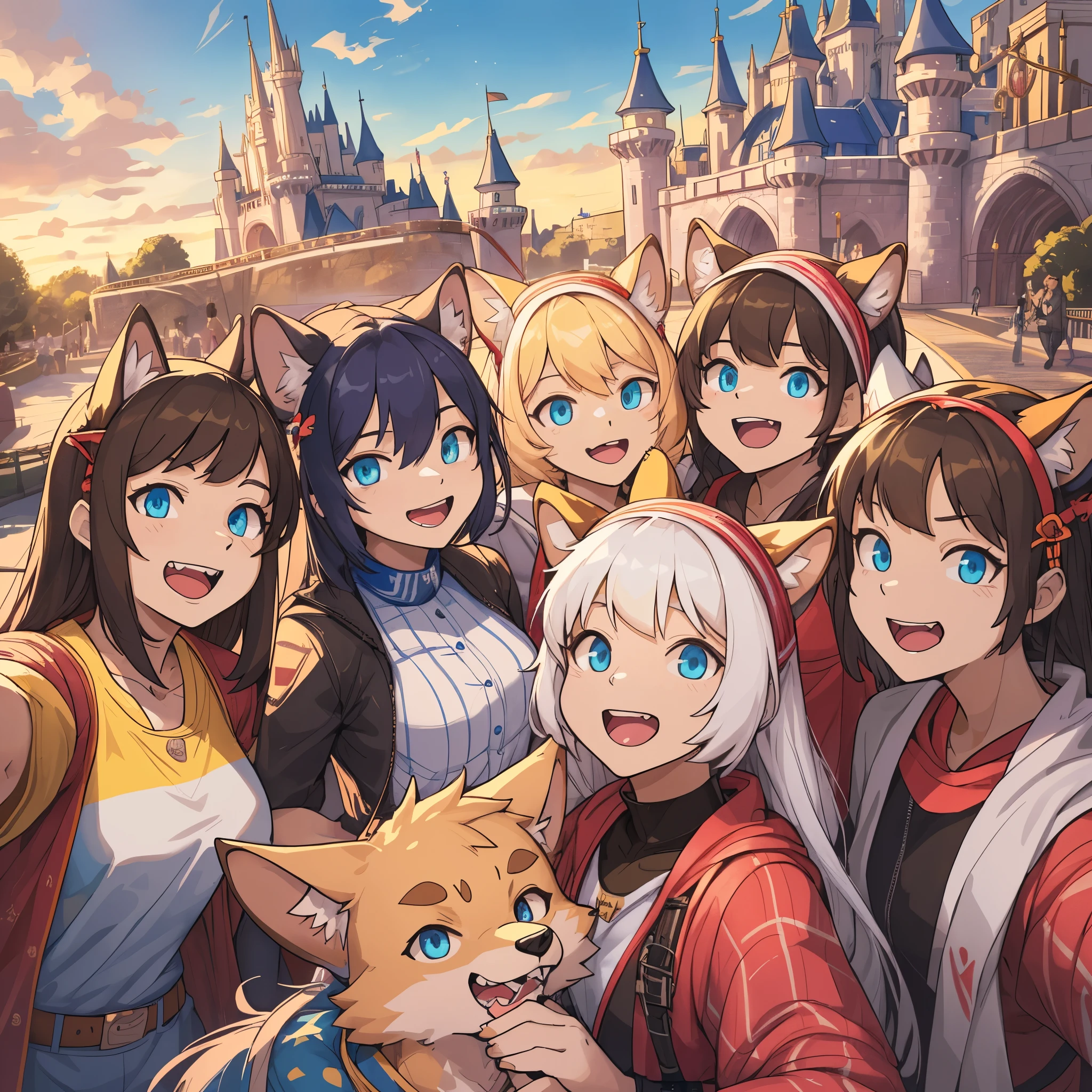 top quality, best quality, High-quality illustrations, masterpiece, super high resolution, detailed background, detailed background, An amusement park, Disneyland, group shot:0.5, 6+boys, 6+girls, Happy, joyful, absurdres(highly detailed beautiful face and eyes)perfect ???????(Photos taken with friends)(kemono, furry anthro)selfie:0.5,