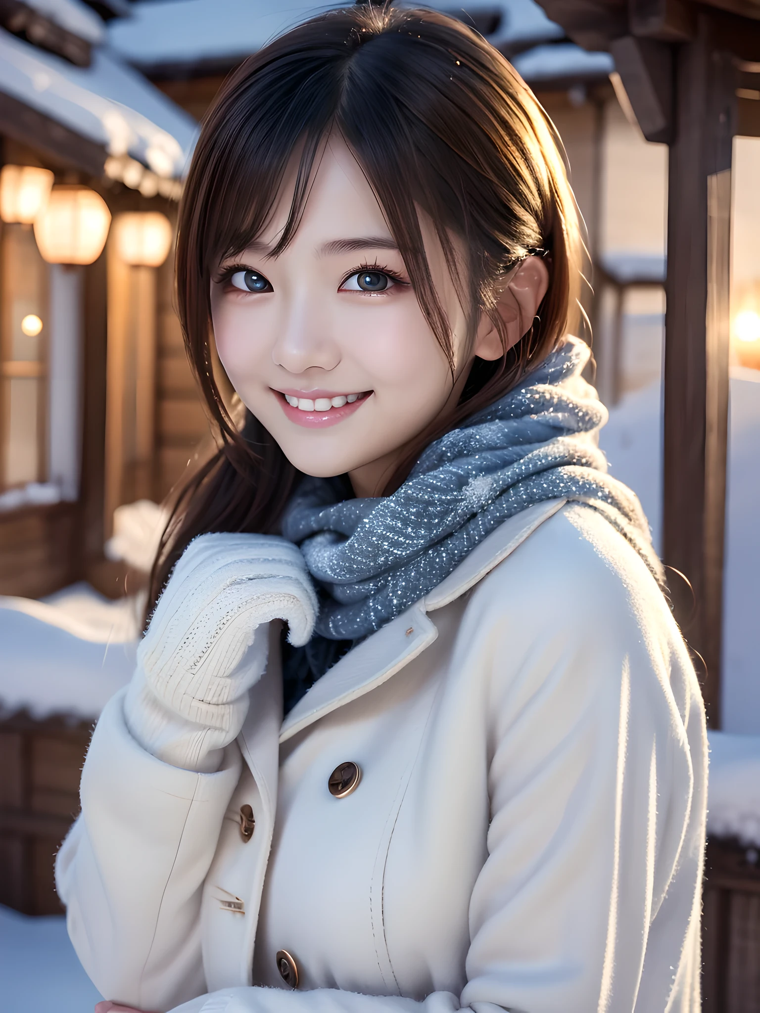 masterpiece,best quality,ultra detailed,high resolution,8k,cinematic lighting,super detailed skin,highly detailed background,elaborately designed clothes,japanese,cute,kawaii,smaller face, age,small breasts,Cold, warm clothing, smiling, snow, snowing, wearing gloves, scarf