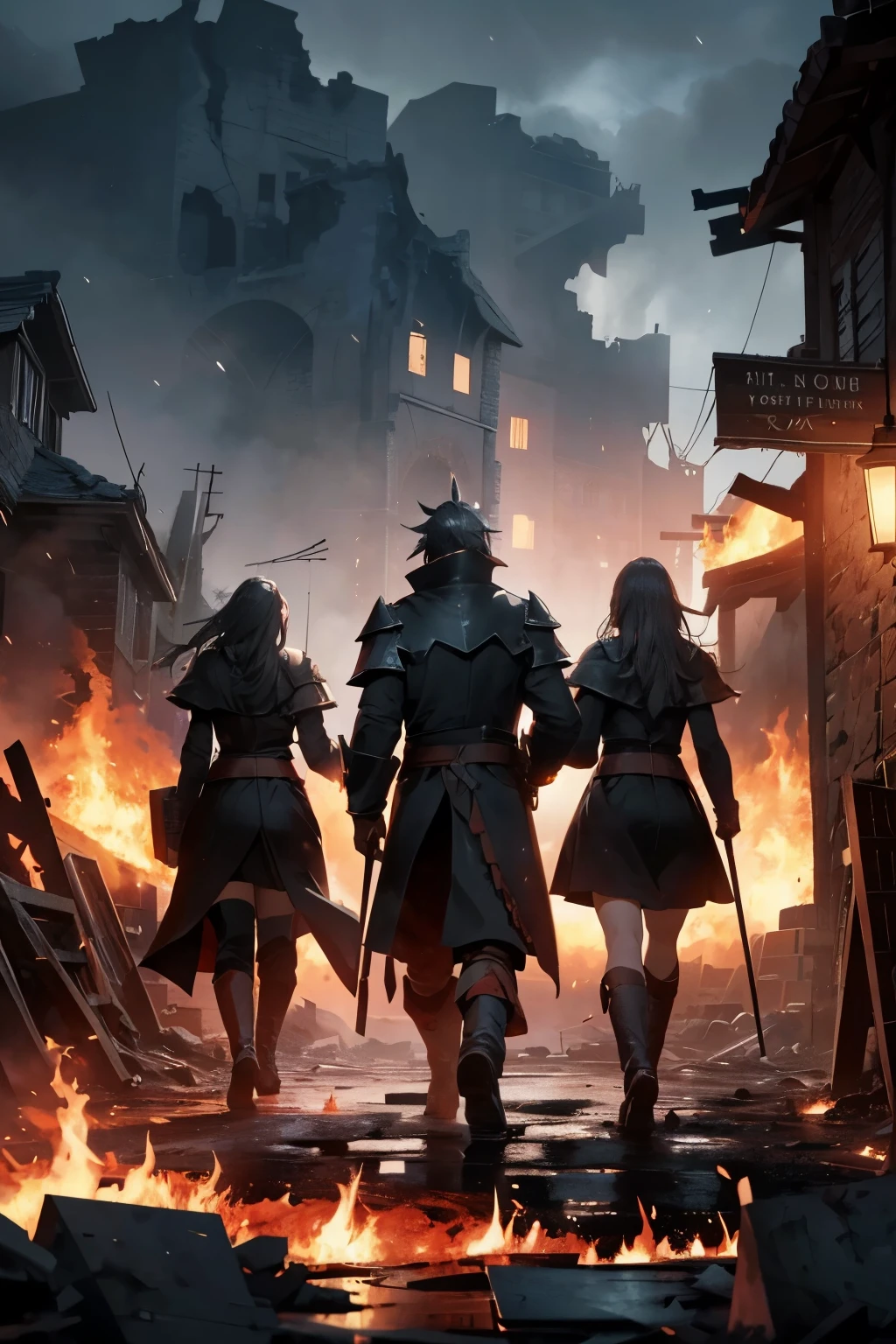 Amidst the fiery chaos of a burning village, three knights in black armor solemnly walked through the desolate streets. The houses were engulfed in flames, their timber frames cracked and caved in, as fires danced menacingly among the ruins. The heavy rain fell relentlessly from the dark, ominous clouds blanketing the night sky, savagely extinguishing the remaining embers. The harsh, cold wind chilled the knights to their very cores, adding to the desolate, haunting ambience. The ground was slick with blood spilled haphazardly around the village, a gruesome reminder of the tragedies that had unfold