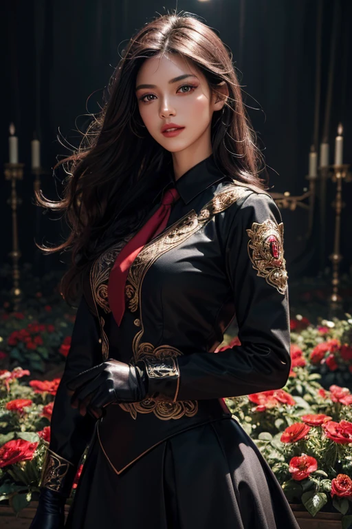 best quality,ultra-detailed,hair:long,dark:black,garota(complete description: intricate facial features,expressive eyes,full lips),acacademia uniform:black and red,gloves:boxing,color palette:dark and vibrant,lighting:studio,material:oil painting,canvas,background:garden
