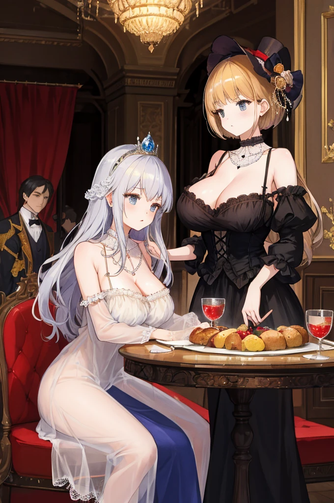 A woman with big ，Young princess，victorian style，clavicle，Lower chest，Transparent nightdress，no_panties， Confused，at the banquet，