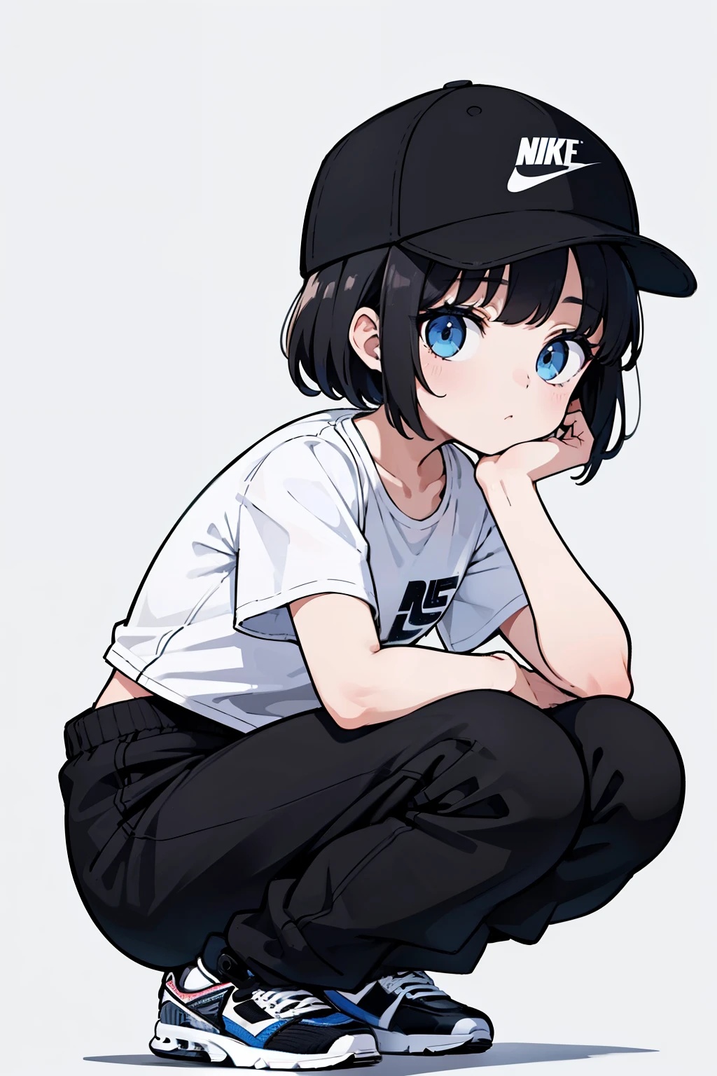 1girl, solo, blue eyes, (detailed eyes), flat chest, short hair, black hair, baseball cap, white cap, white t-shirt, cargo pants, sweatpants, black pants, squatting, black shoes, ((shoes air max 90)), full body, ((white background)), looking at viewer, ((masterpiece, illustration, best quality)) 