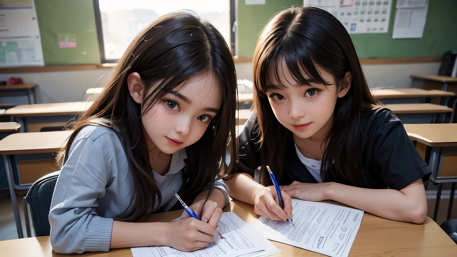 two , During class, school, one boy one girl, Desk, note, writing, sitting, high detailed real face, smile, beautiful skin, high detailed skin, beautiful eyes, high detailed finger, high detailed hand, masterpiece,