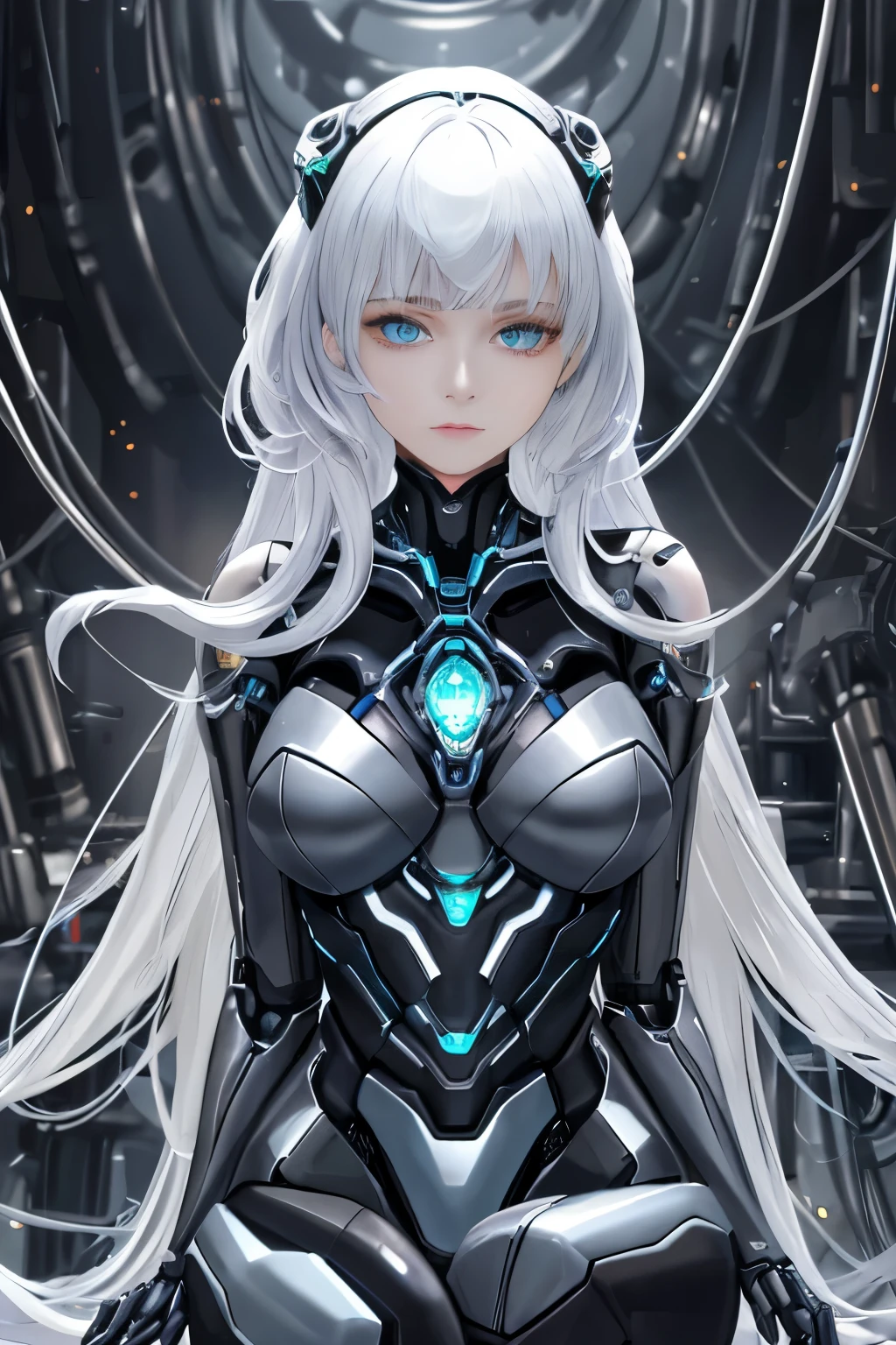 A drop dead gorgeous robotic girl sits in the heart of a dark, hyperrealistic atmosphere. Her sleek, metallic body shines under the photorealistic light, revealing intricate mechanical parts that intertwine with her slender form. Her eyes, Sharply focused and realistic,are fixed on the viewer with a deadpan expression. Long, flowing wires and cables attach to her head and torso, pulsing with an ethereal glow. The mechanical joints in her limbs creak softly, giving away her machine-made essence. The contrast between her delicate, human features and the cold, industrial parts creates an intriguing juxtaposition. The depth of field in this hyperreal