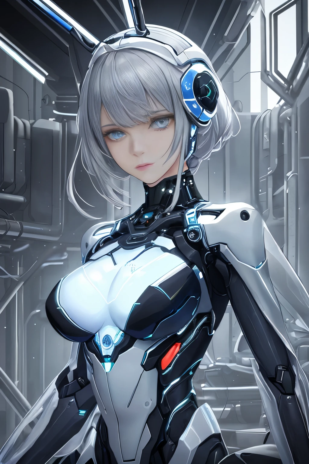 A drop dead gorgeous robotic girl sits in the heart of a dark, hyperrealistic atmosphere. Her sleek, metallic body shines under the photorealistic light, revealing intricate mechanical parts that intertwine with her slender form. Her eyes, Sharply focused and realistic,are fixed on the viewer with a deadpan expression. Long, flowing wires and cables attach to her head and torso, pulsing with an ethereal glow. The mechanical joints in her limbs creak softly, giving away her machine-made essence. The contrast between her delicate, human features and the cold, industrial parts creates an intriguing juxtaposition. The depth of field in this hyperreal