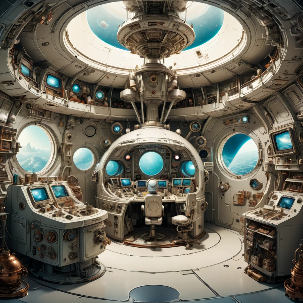 Inside the spacecraft, fully functional room, by W. Heath Robinson, enhance, intricate, (best quality, masterpiece, Representative work, official art, Professional, 8k)