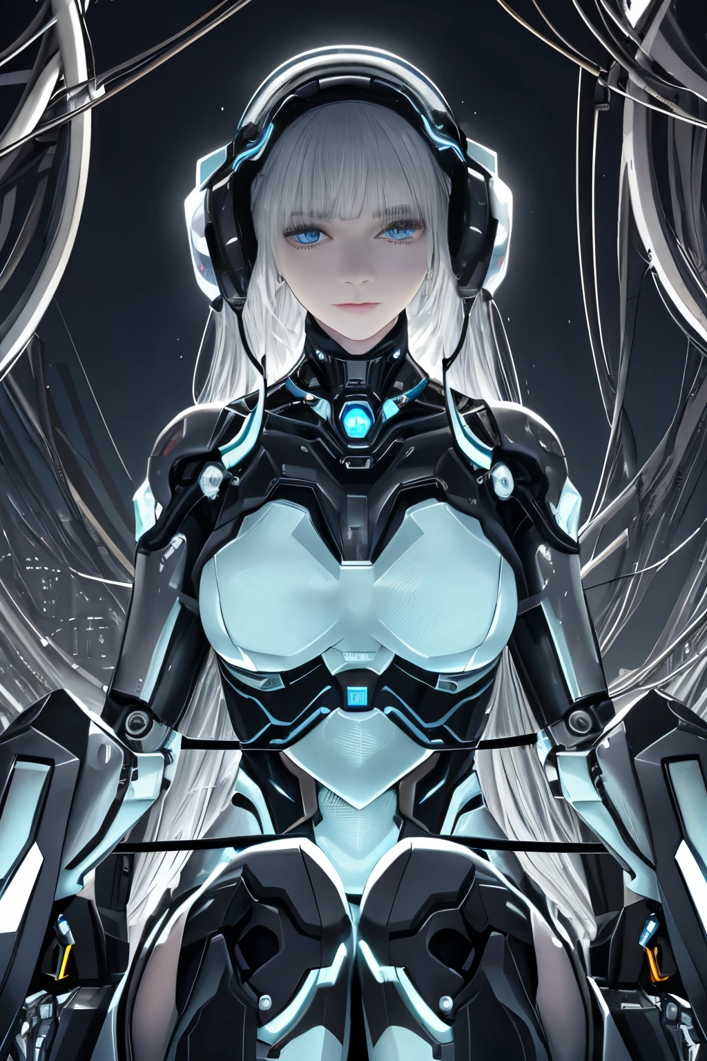 A drop dead gorgeous robotic girl sits in the heart of a dark, hyperrealistic atmosphere. Her sleek, metallic body shines under the photorealistic light, revealing intricate mechanical parts that intertwine with her slender form. Her eyes, Sharply focused and realistic,are fixed on the viewer with a deadpan expression. Long, flowing wires and cables attach to her head and torso, pulsing with an ethereal glow. The mechanical joints in her limbs creak softly, giving away her machine-made essence. The contrast between her delicate, human features and the cold, industrial parts creates an intriguing juxtaposition. The depth of field in this hyperreal