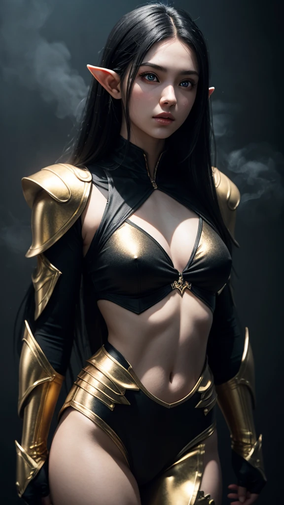 RAW, professional photograph, medium shot, photorealistic, hyper-realistic, ray tracing, super detail, UHD, 8k, female elf, golden armor, twenty years old, athletic body, flat chest, soft facial features, long hair, straight hair, black hair, red eyes, gray and black fog background