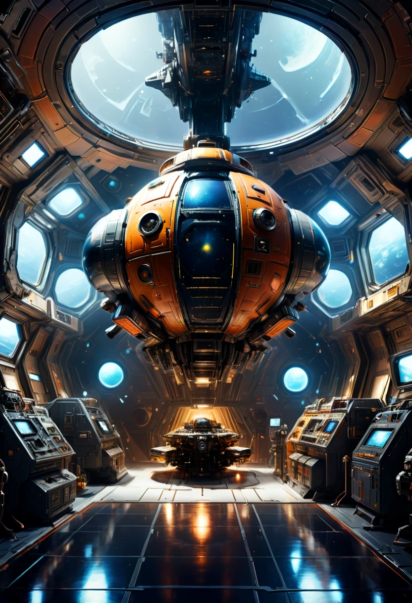 Inside the spacecraft, fully functional room, by Chris Foss, enhance, intricate, (best quality, masterpiece, Representative work, official art, Professional, 8k)
