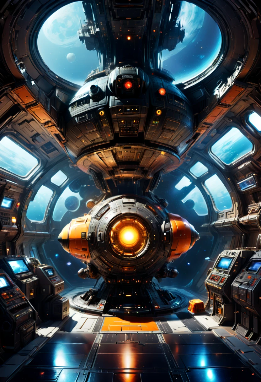 Inside the spacecraft, fully functional room, by Chris Foss, enhance, intricate, (best quality, masterpiece, Representative work, official art, Professional, 8k)