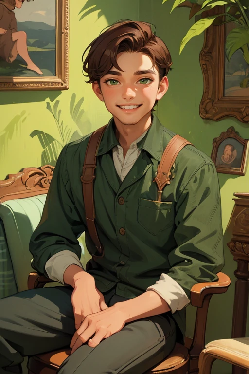 man smiling, looking at viewer, brown hair, sitting on a chair, vintage art, illustration, detailed, in the living room, green wall