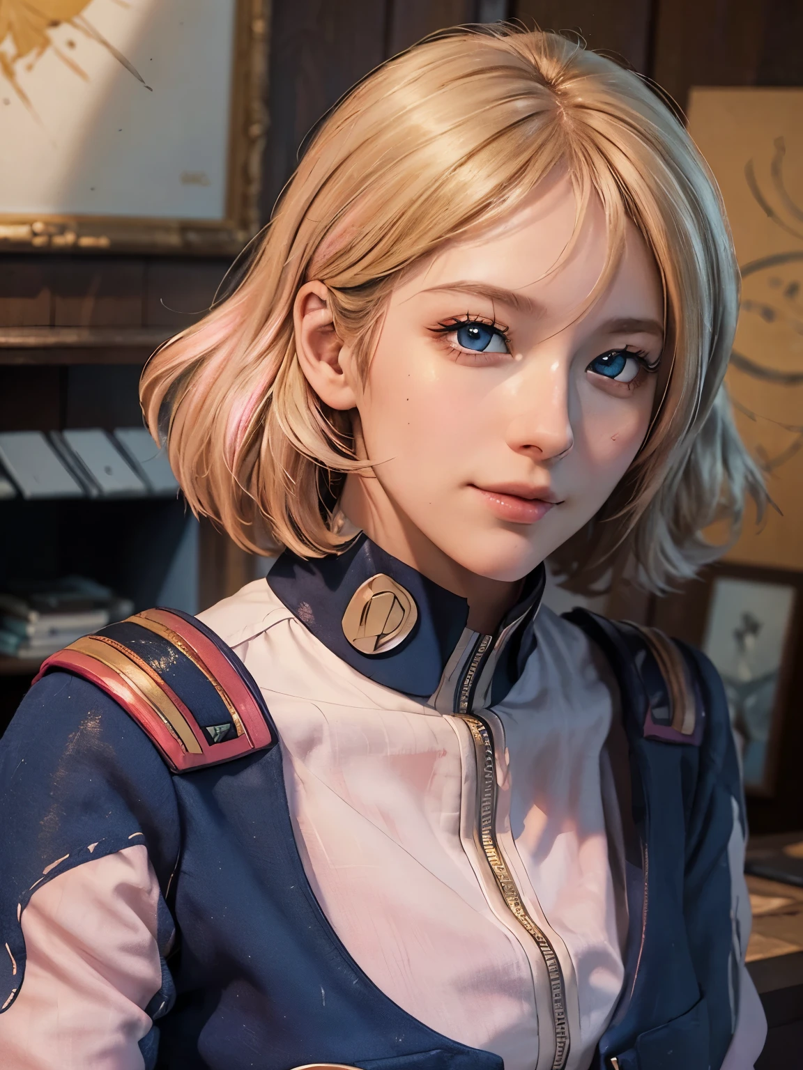 ((masterpiece、top-quality、realisitic、ultra-detailliert、hight resolution、Photorealsitic、foco nítido、photographrealistic、Raw photography、face lights))、High brightness、bustshot、1 female、A smile,(kosmos:1.2)、(Dark blue eyes)、blonde hair、Strong gaze、Growing eyes、((Pink Commonwealth Uniforms))、ighly detailed、Raw texture、sayla mass、Detailed hand depiction、no bad hand