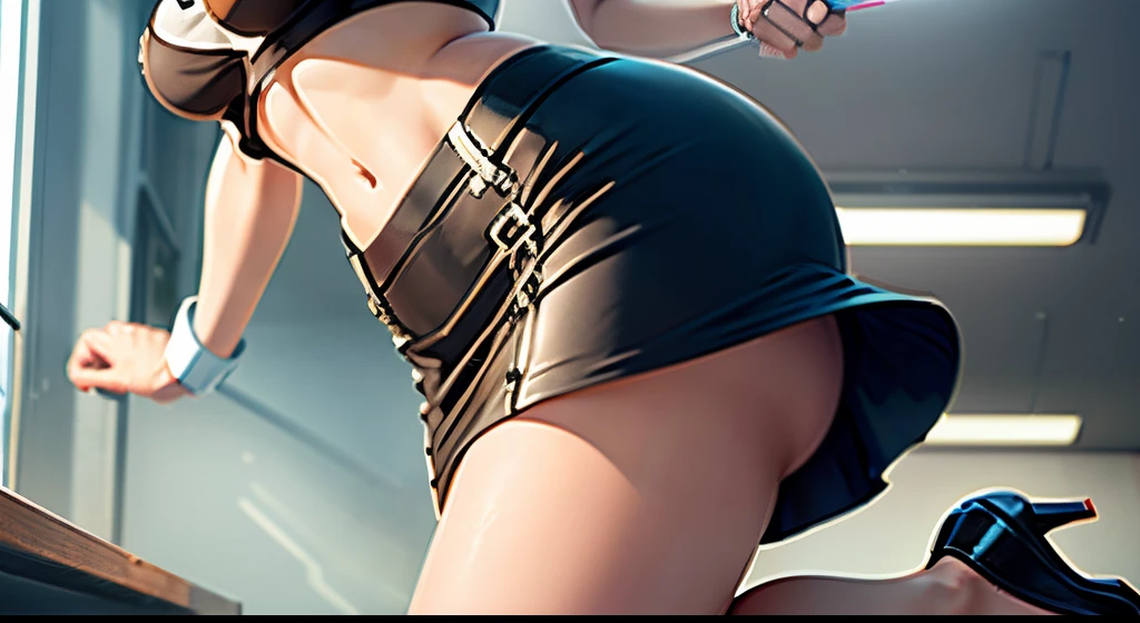 Uraraka Ochako,(walking away)(office pencil skirt underboob,long legs,thick hips,big lips,backside full body,high heels
