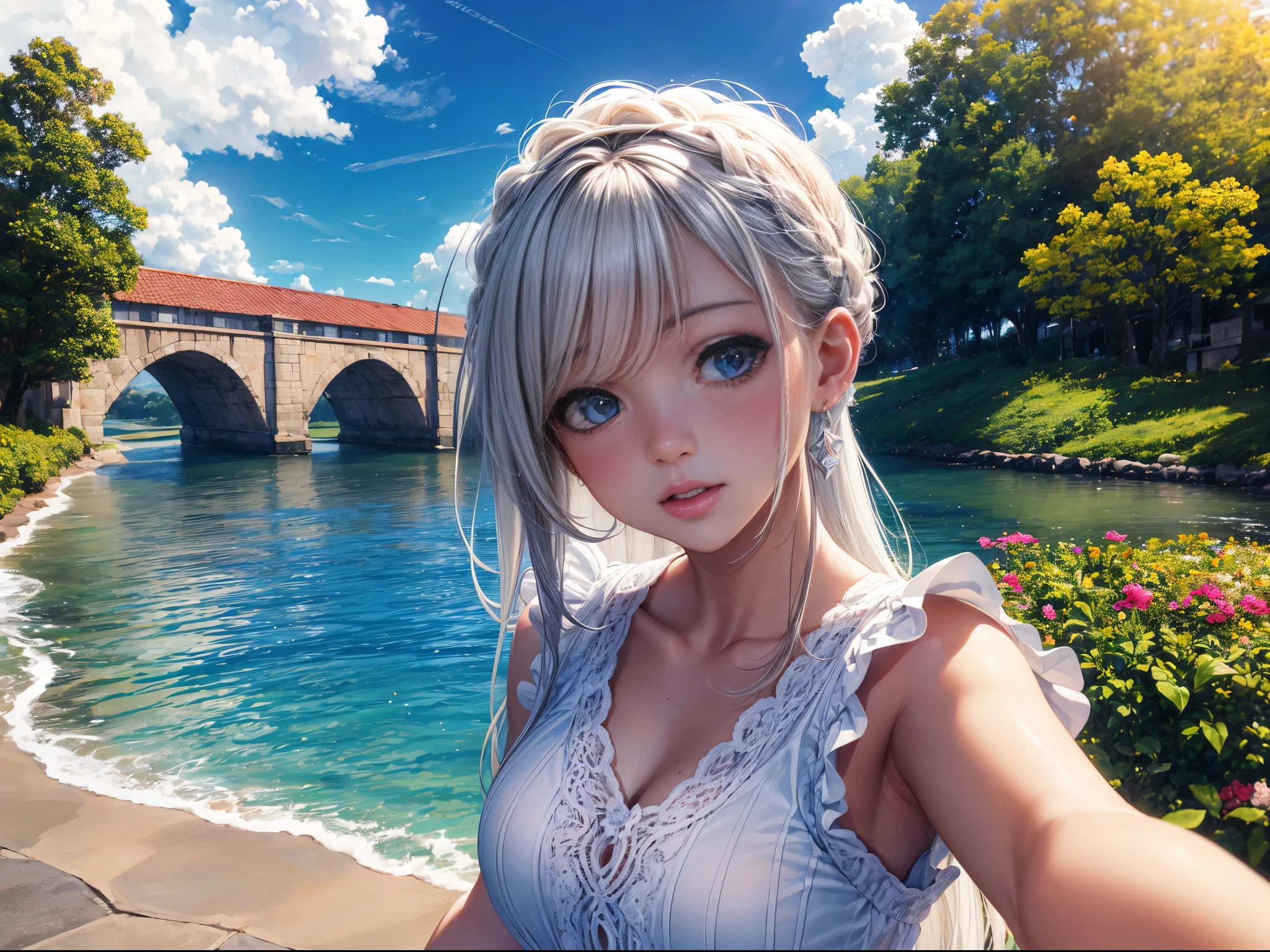 (sozinho:1.3)), 1girl, best quality, Realistic, fotorrealista, best quality, master part, muito delicado e bonito, Very detailed, (Selfie:1.2), detalhes finos, ultra detalhe, High definition, Very detailed, Realistic, Ultra High Definition, best quality, Ultra High Definition, (real:1.4), textura de alta qualidade, Wearing fine white summer knit, na cobertura, franja, cabelos longos , Luz da tarde, spectacular skies and clouds