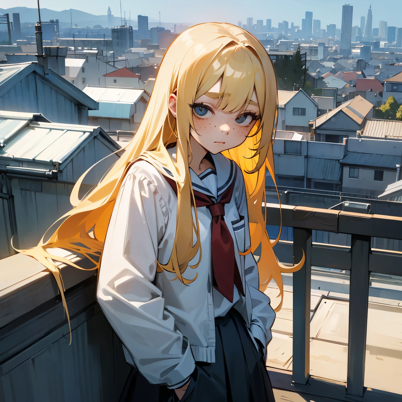 blonde、long hair、Bad eyes、put one's hand in one's pocket、languid face、high school girl、Bad girl、freckles、leaning against the fence、rooftop