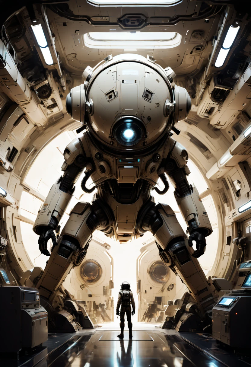 Inside the spacecraft, fully functional room, by ashley wood, enhance, intricate, (best quality, masterpiece, Representative work, official art, Professional, 8k)