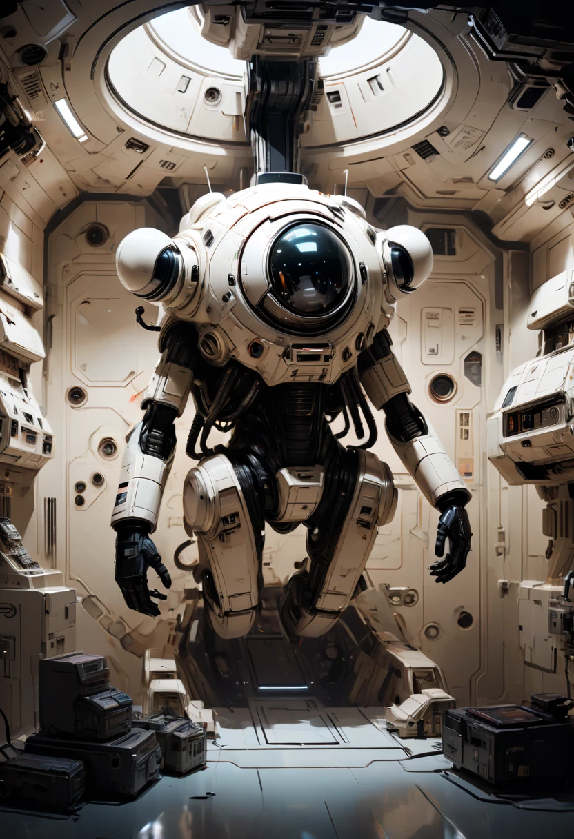 Inside the spacecraft, fully functional room, by ashley wood, enhance, intricate, (best quality, masterpiece, Representative work, official art, Professional, 8k)