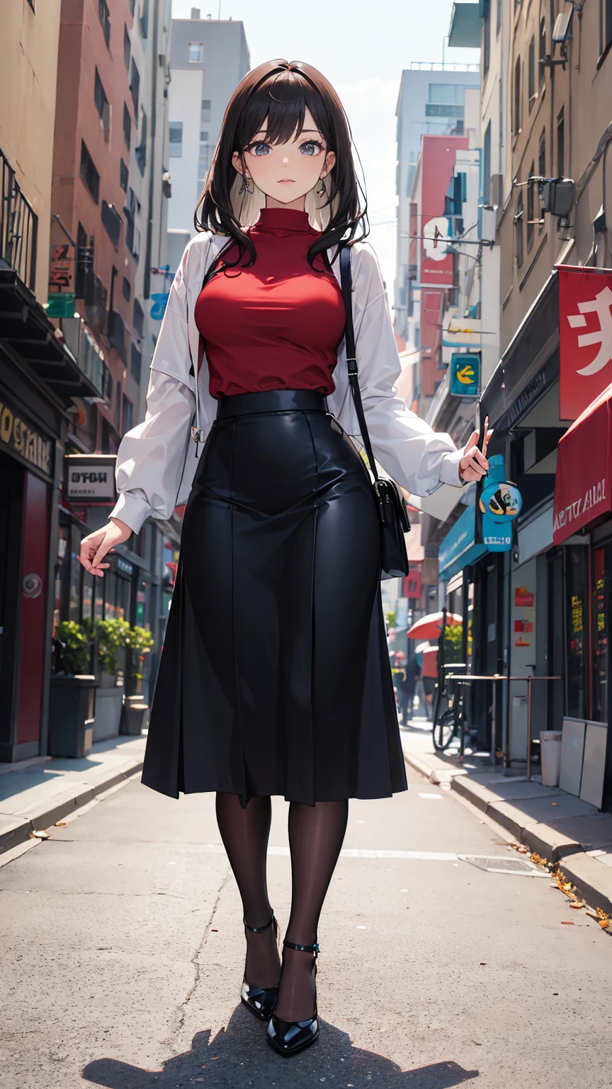 ((masterpiece, high resolution, best quality, best details, anime)), a woman standing on the street, dressed in a long skirt, leather jacket, red blouse and pumps high heels, (((long loose black skirt))), leather jacket black, pumps platform high heels, ((pantyhose)), long straight hair, light brown hair, silver eyes, street landscape, (((ankle length skirt))), fabric skirt, fabric blouse, ((full skirt without openings)), curvy body,