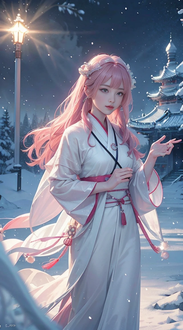 Works of masters,Best image quality,超高分辨率,8K分辨率,first person perspective,s the perfect face,Glowing skin,Exquisite facial features,solo person,femele,ssmile,long whitr hair,Pink hair,crossed bangs,Wave head,Bracelet,Collar,pendant,Hanfu,snowflower,Winters,Temple,New Year,Opal rendering,Cinematic lighting,Winter snow method
