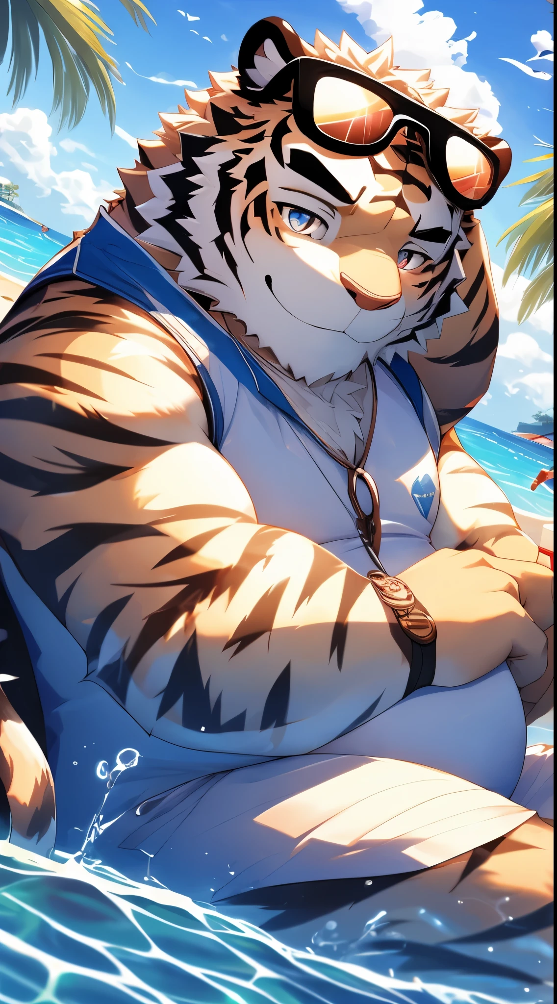 Anthropomorphic white tiger，male，，thick eyebrows，Black stripes，hairy body，Chubby body，(Sunglasses hanging on head，Not worn on the eyes)，Wear a white vest，barefoot，white shorts，Sitting by the pool，beach，Smile，looking towards the viewer，Lovely，alone，side angle，close up，(Different pupils:1.2),Normal hands,Perfect details,masterpiece,HD,8k,Clear eyes，(Wear a white swimsuit)