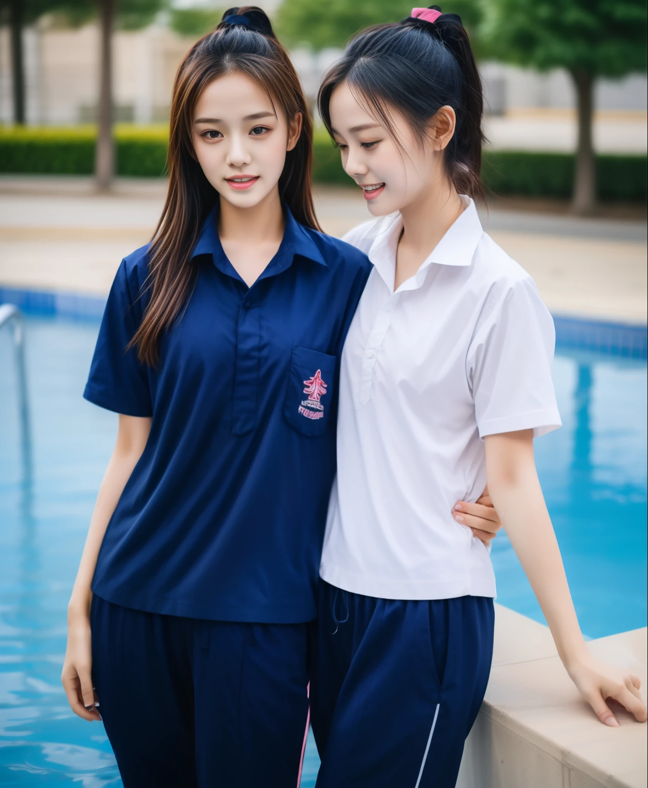2 young women in the swimming pool, Navy blue short-sleeved shirt,Navy Long Trackpant,Sweatpants, Sweatpantsขายาว,25 year old girl, lesbian, sexy, exercise clothes, Sweating, เหงื่อsexy, Sexual arousal, wet body