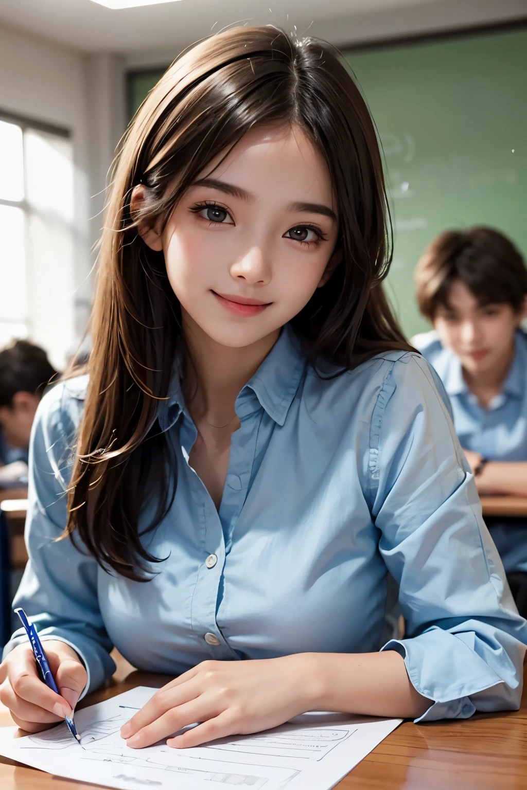 two , During class, school, one boy one girl, Desk, note, writing, sitting, high detailed real face, smile, beautiful skin, high detailed skin, beautiful eyes, high detailed finger, high detailed hand, masterpiece,