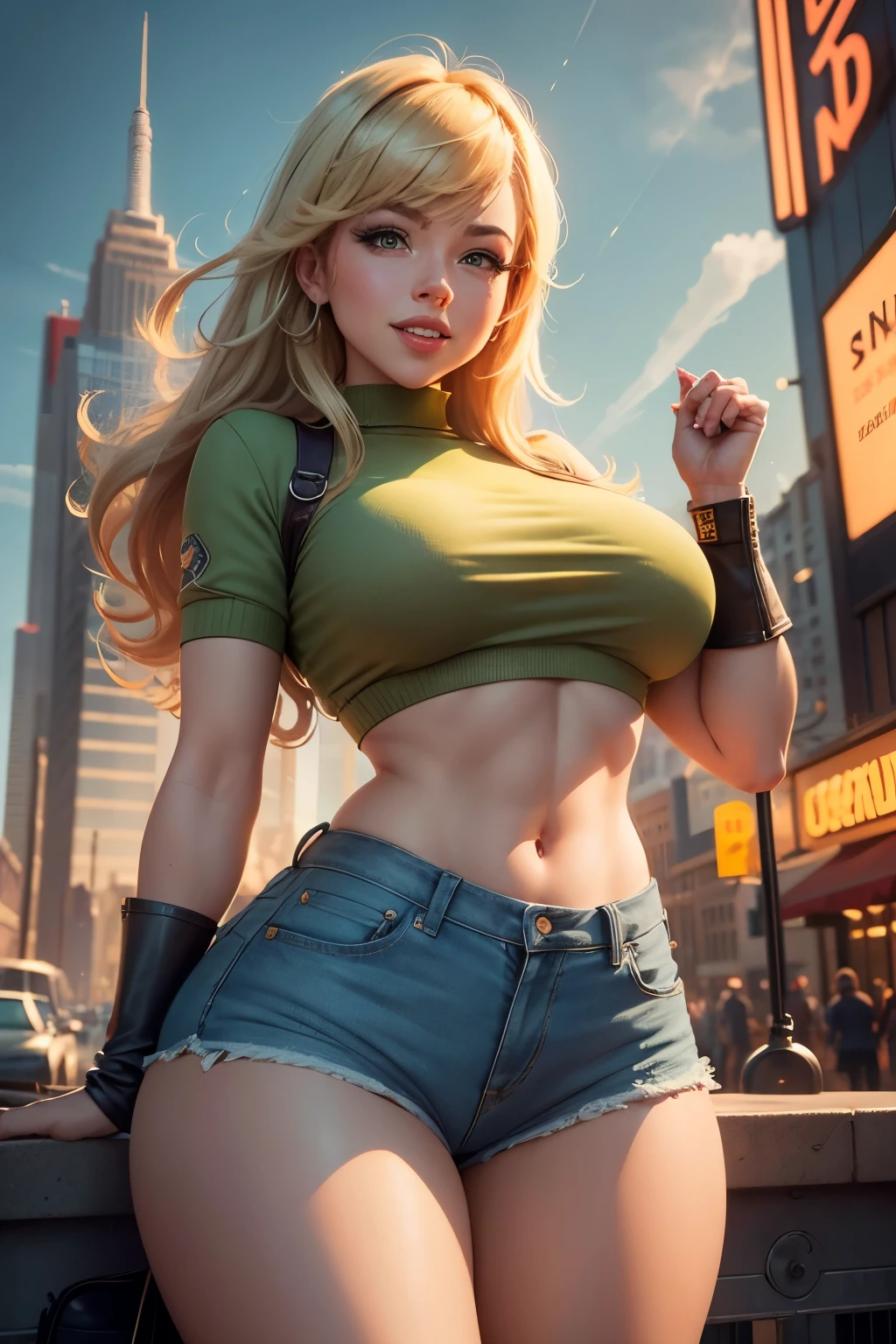 In the heart of the bustling city, with a backdrop of sprawling metropolis and billowing clouds, Jennette McCurdy, a charismatic woman with an aura of determination, dons a snug green top and quaint denim shorts. Steadfastly mounted on an antique army-labeled rocket, she creates an exhilarating scene of defying gravity with her radiant smile. The intricately detailed, high-quality pin-up art illustration captures her spirited persona and the cityscape's grandeur in all its splendor.