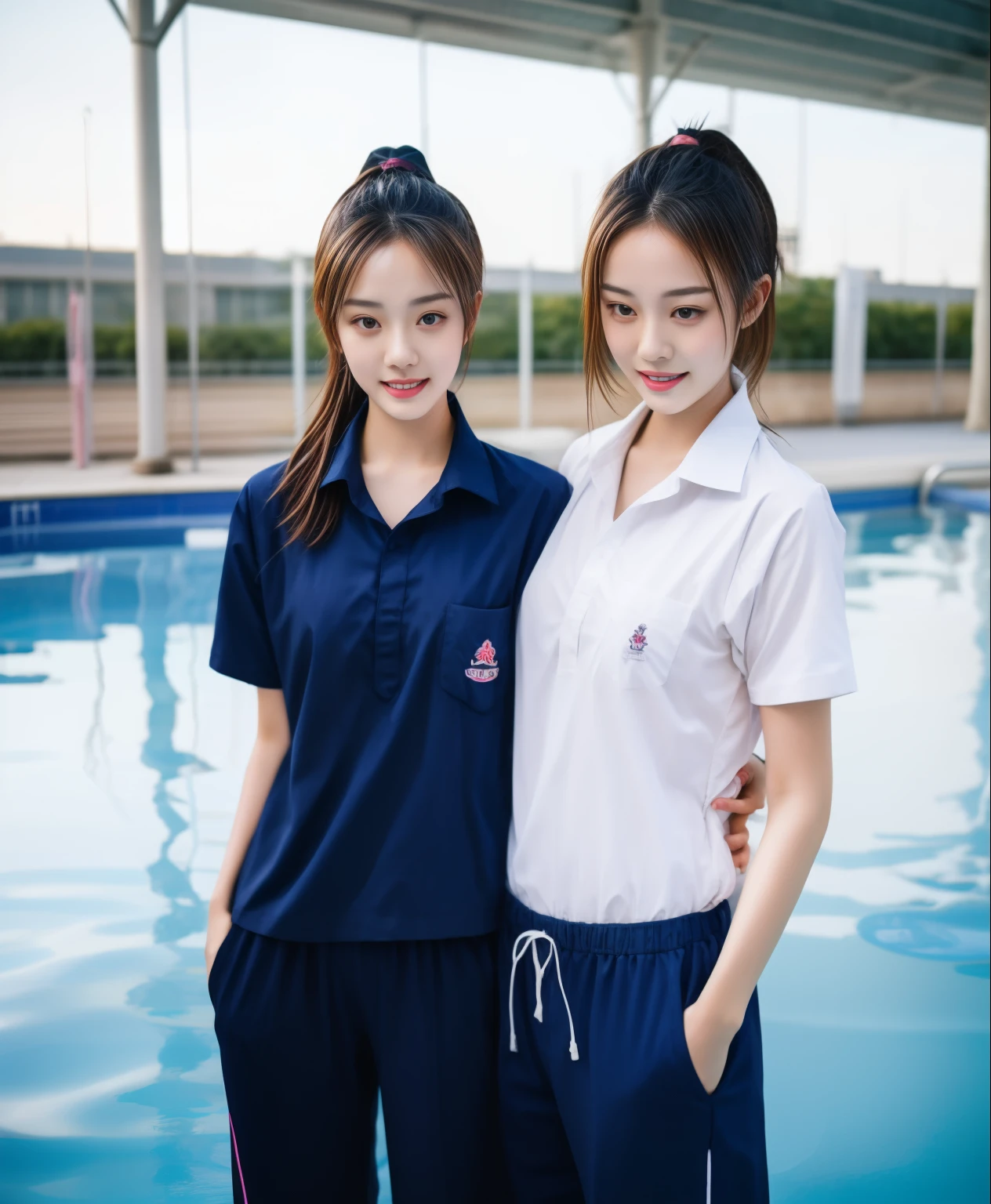 2 young women in the swimming pool, Navy blue short-sleeved shirt,Navy Long Trackpant,Sweatpants, Sweatpantsขายาว,25 year old girl, lesbian, sexy, exercise clothes, Sweating, เหงื่อsexy, Sexual arousal, wet body