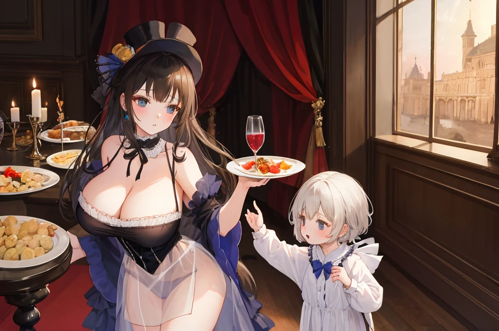 A woman with big ,Young princess,victorian style,clavicle,Lower chest,Transparent nightdress,no_panties, Confused,at the banquet,