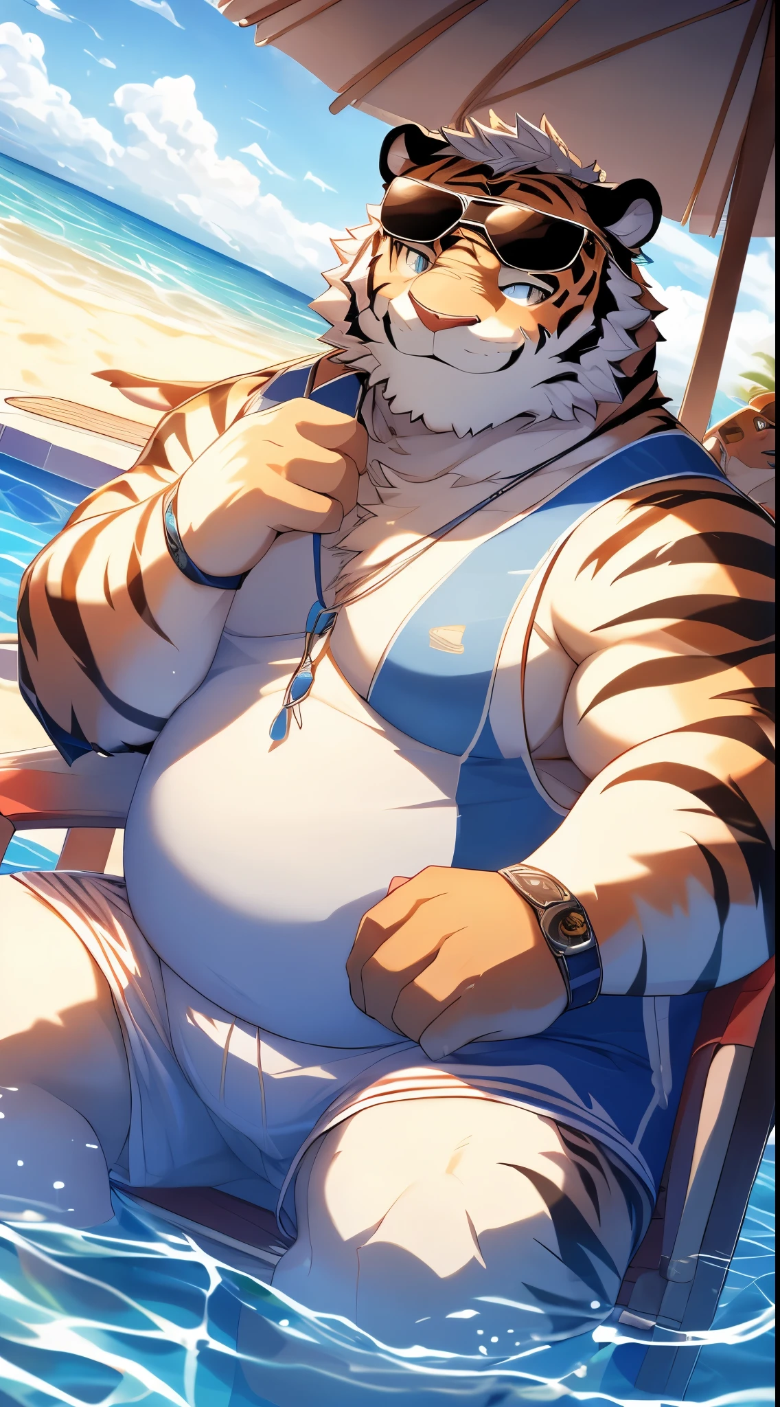 Anthropomorphic white tiger,male,,thick eyebrows,Black stripes,hairy body,Chubby body,(Sunglasses hanging on head,Not worn on the eyes),Wear a white vest,barefoot,white shorts,Sitting by the pool,beach,Smile,looking towards the viewer,Lovely,alone,side angle,close up,(Different pupils:1.2),Normal hands,Perfect details,masterpiece,HD,8k,Clear eyes,(Wear a white swimsuit)