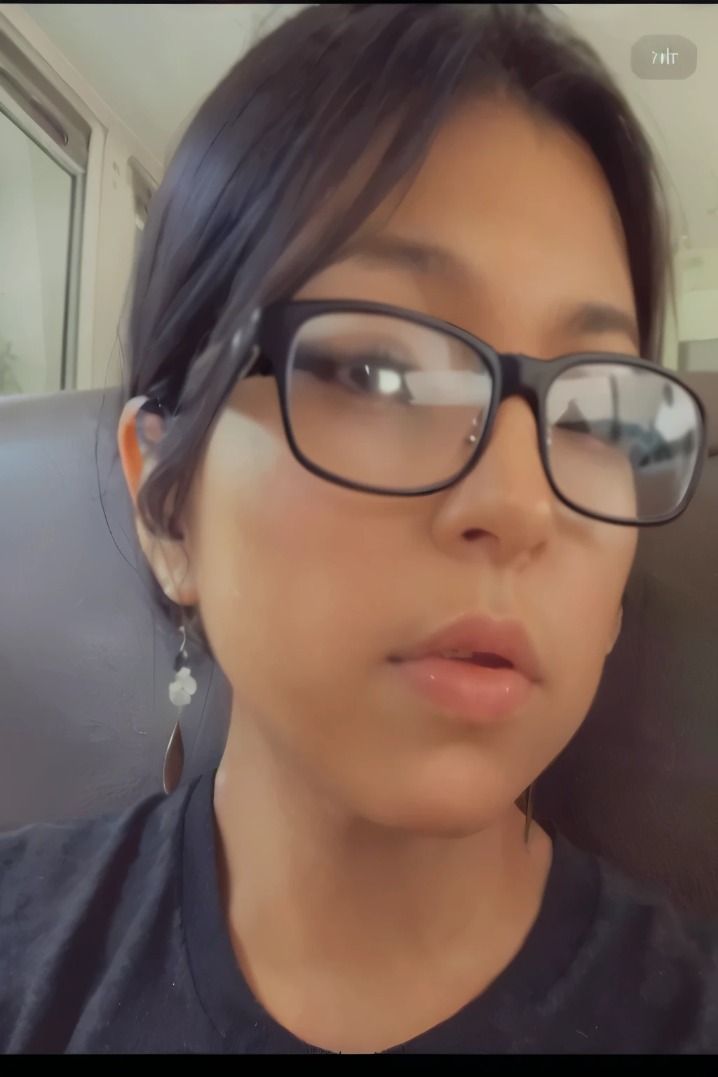 there is a woman wearing glasses and a black shirt, wearing a native american choker, with glasses on, ayahausca, with glasses, girl with glasses, wearing black rimmed glasses, alanis guillen, girl wearing round glasses, wearing thin large round glasses, small chin, spectacled, wearing black glasses, she wears harry potter glasses, she is covered in semen, her make up is ruined, she is orgasming 