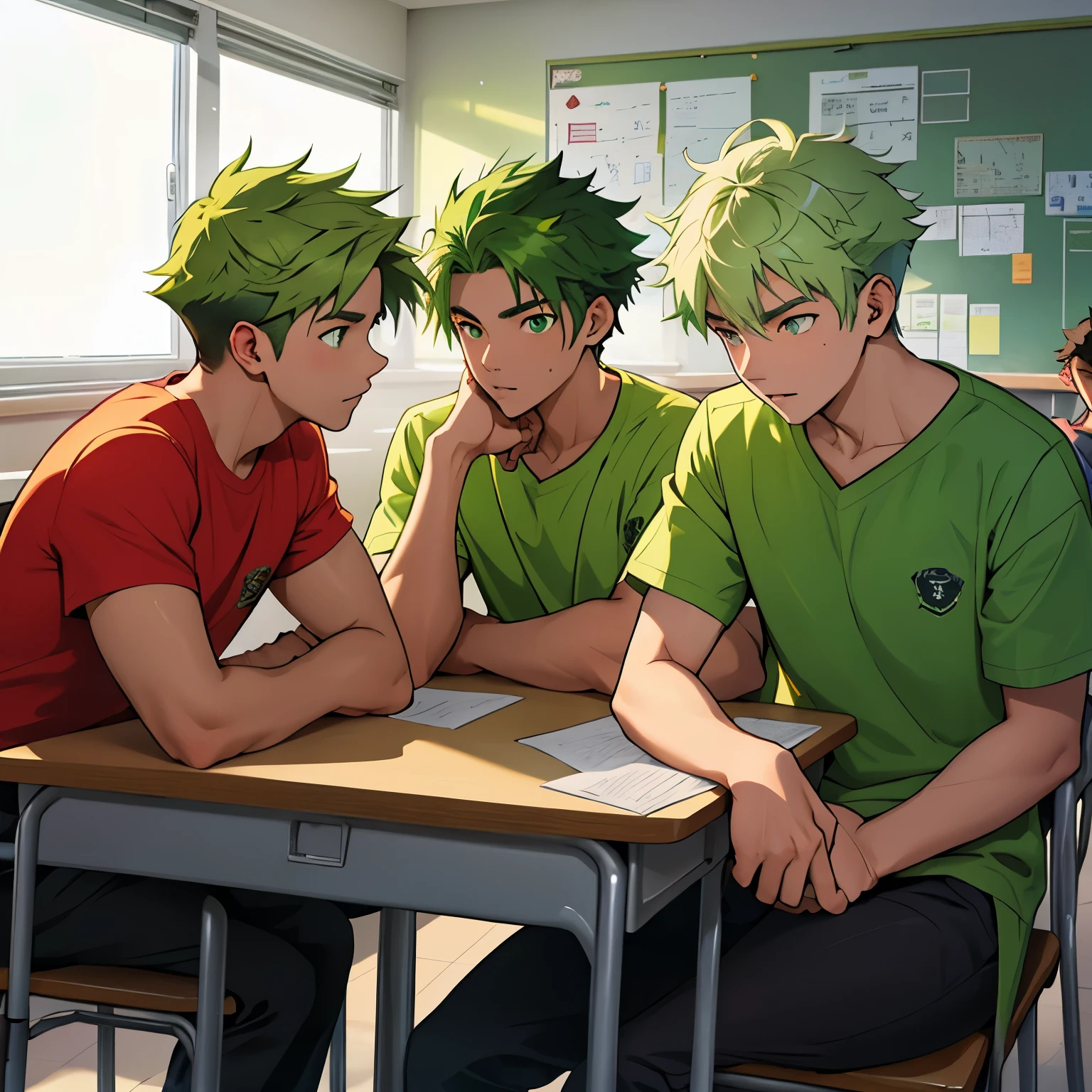 a group of 4 handsome young people of 14 years old in the school classroom are talking arguing worried talking about a dangerous plan they have green hair green eyes blue t-shirt 