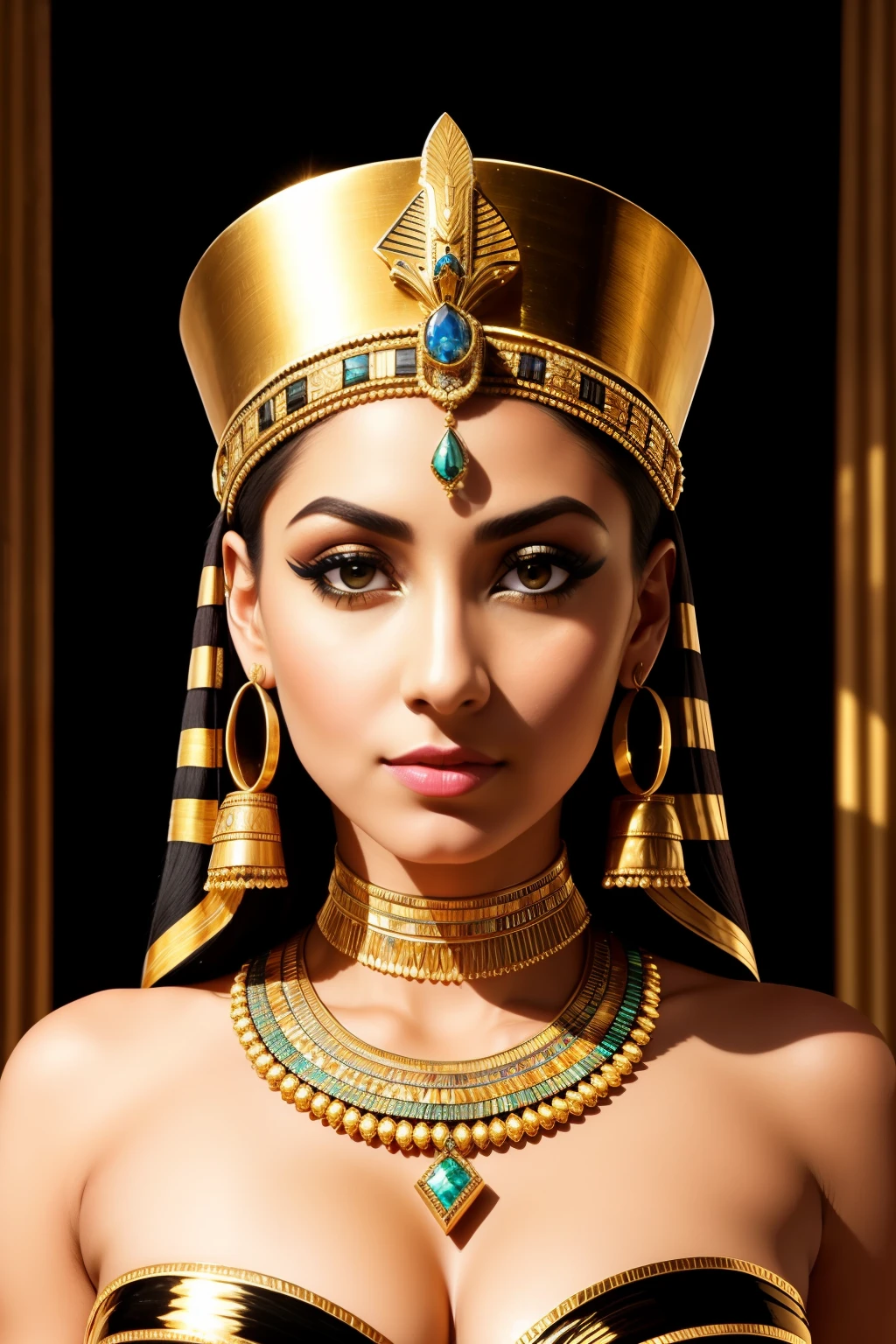 A portrait of a drop dead gorgeous Cleopatra, with intricate and detailed golden headdress adorning her bald head, dressed in a shimmering royal Egyptian gown, revealing her fit and slim waist, hourglass figure, and seductive curve, capturing her captivating and alluring gaze, with heavily lined and intense eye makeup, accentuating her elegance and power. HDR, dramatic lighting, with a cinematic shot, vivid colors, reminiscent of ancient Egyptian art, an ultra-realistic masterpiece. (events:1.1), antique, ancient Egypt, luxurious, royal, royalty, regal, powerful, Cleopatra, queens, majestic, historic
