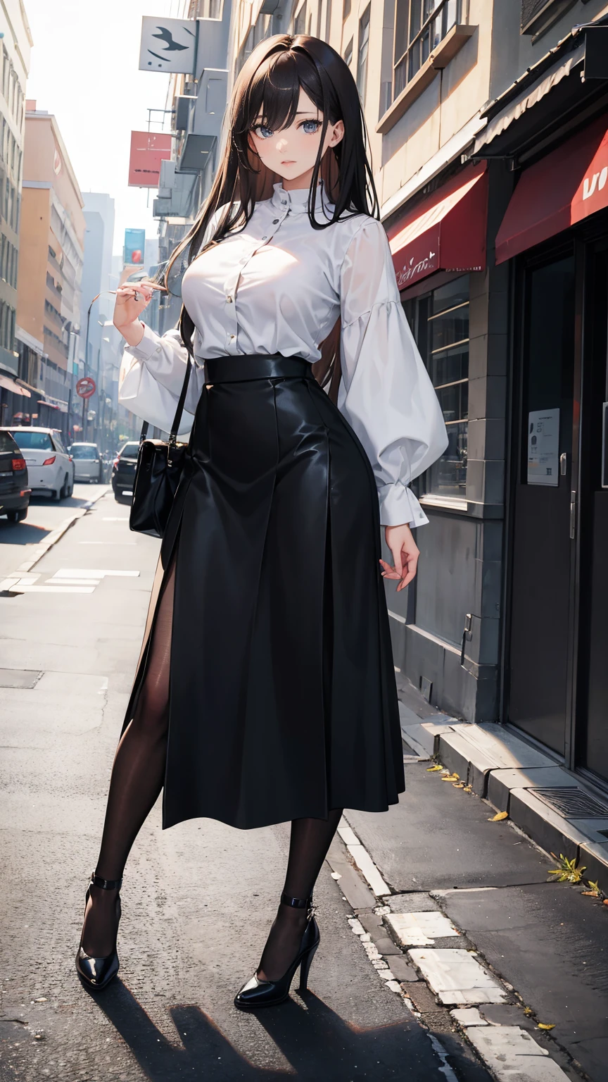 ((masterpiece, high resolution, best quality, best details, anime)), a woman standing on the street, dressed in a long skirt, leather jacket, red blouse and pumps high heels, (((long loose black skirt))), leather jacket black, pumps platform high heels, ((pantyhose)), long straight hair, light brown hair, silver eyes, street landscape, (((ankle length skirt))), fabric skirt, fabric blouse, ((full skirt without openings)), curvy body,