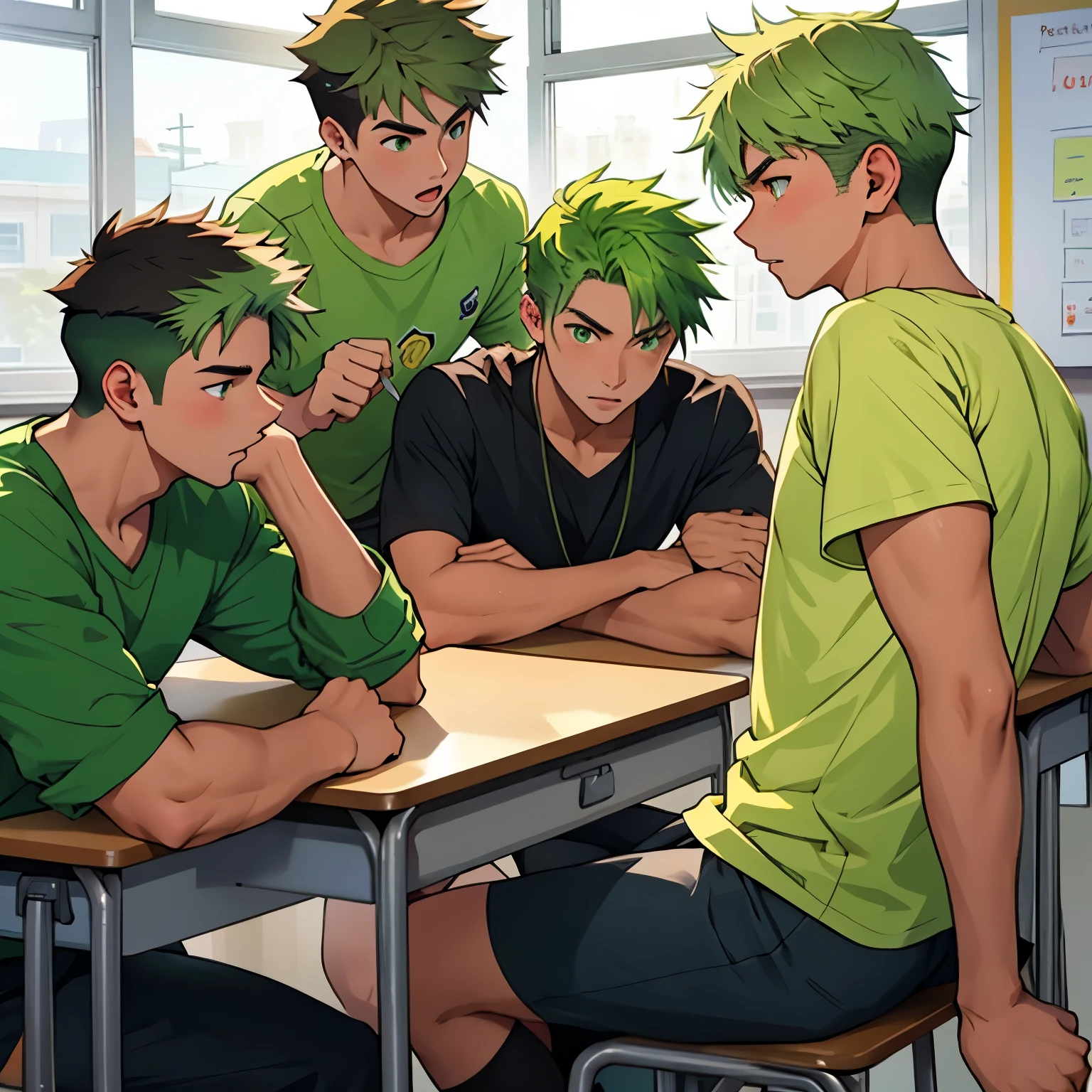 a group of 4 handsome young people of 14 years old in the school classroom are talking arguing worried talking about a dangerous plan they have green hair green eyes blue t-shirt 