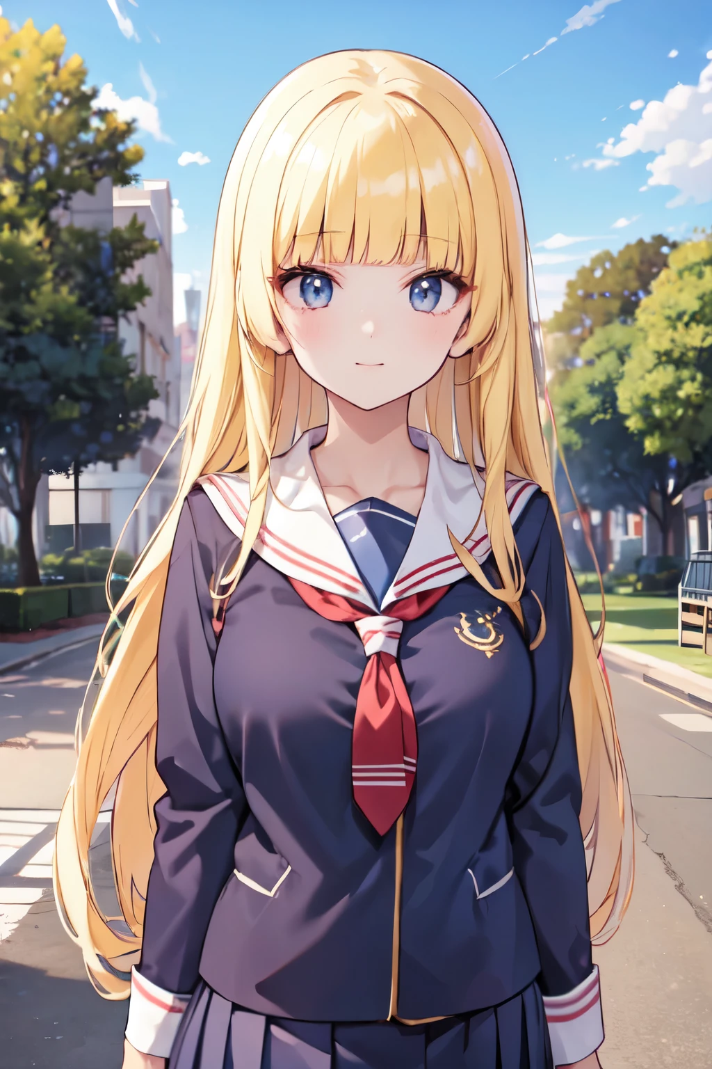 （In 8K, best quality, muste piece:1.2)、ultra high resolution,1 female 、ultra-detailed face,detailed eyes,cinema lighting、Tree eyes,blonde、hime kat,long straight hair、blunt bangs,sensuous smile,nose blash,long hair,BREAK,school uniform, blazer,Navy blue jacket,BREAK,((sailor collar shirt、white shirt)), (light blue ribbon tie), navy pleated skirt,long sleeves,,BREAK,Walking through the schoolyard with a view of the school building and flower beds